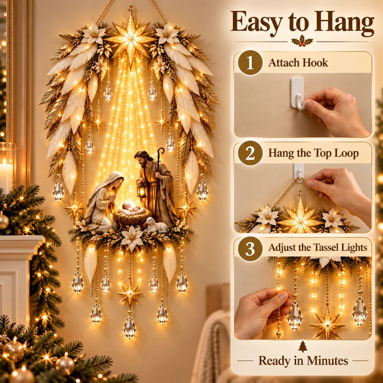 Easy three-step hanging instructions for Christmas Nativity wall decoration