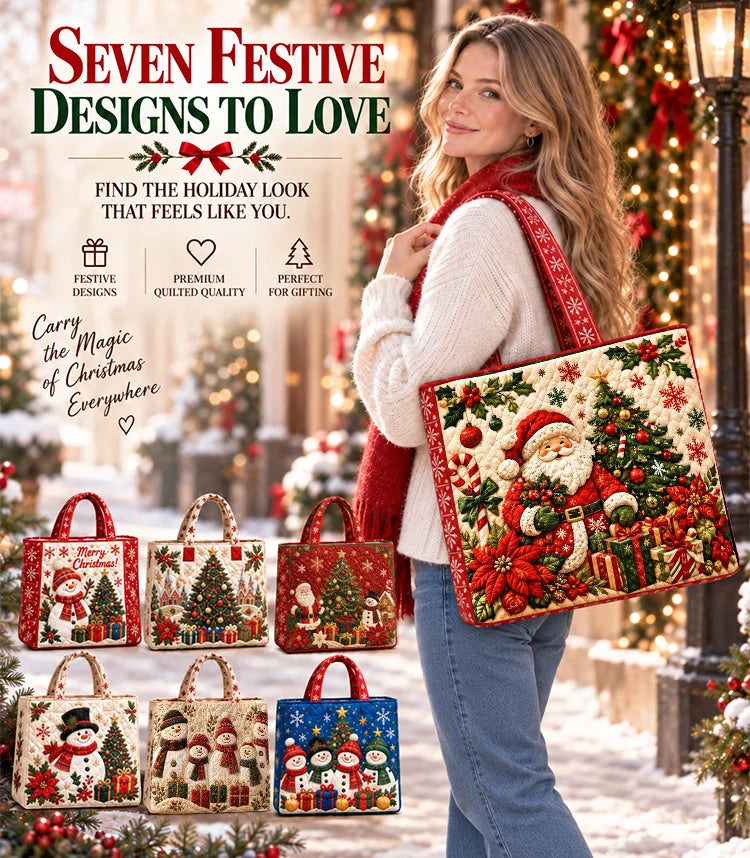 Seven festive quilted Christmas tote bag designs