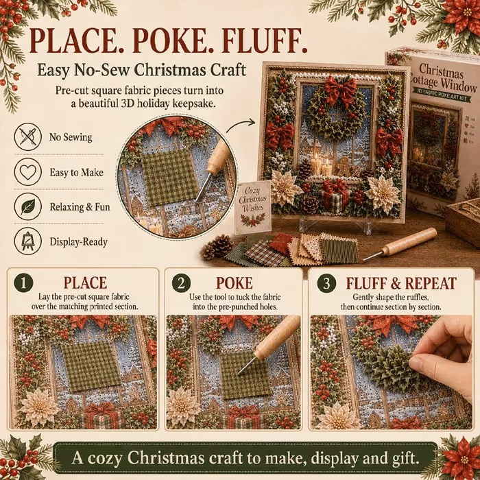 🔥 LIMITED TIME 50% OFF – 🎄🧵 Premium 3D Christmas Fabric Poke Art Kit | No-Sew Holiday Craft with Pre-Punched Board, Fabric Squares & Display Stand 🎅✨