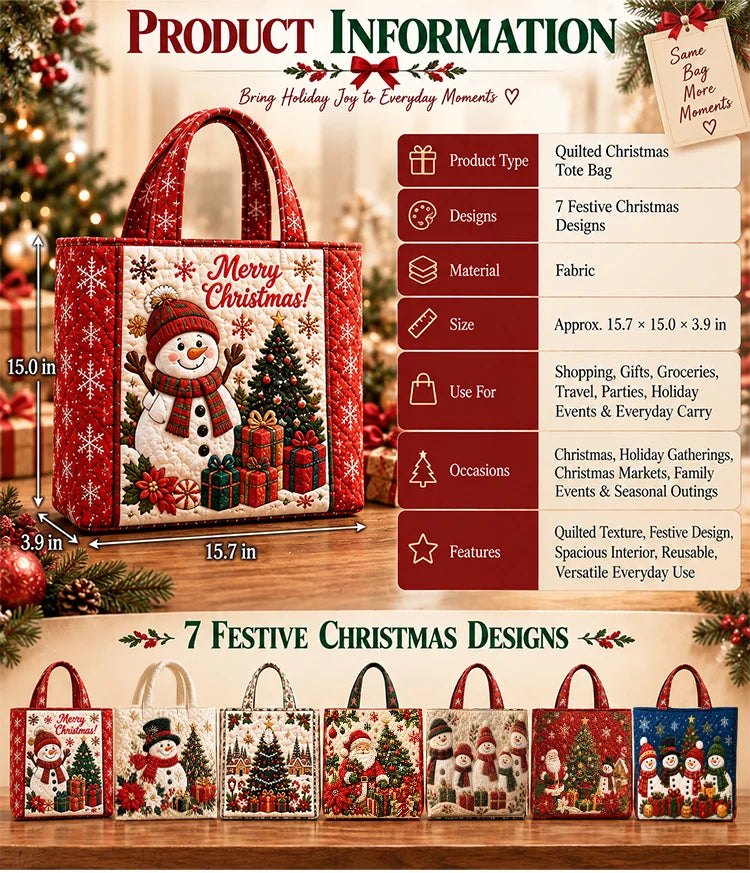 Quilted Christmas tote bag size and product information