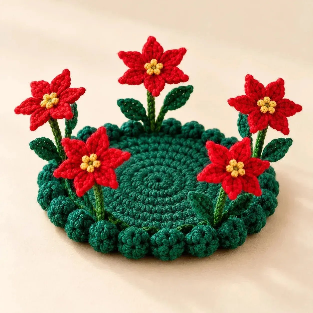 Red Star Flower Handmade Crochet Floral Coaster | Everlasting Table Art 🌸