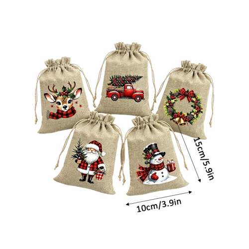 Rustic Christmas Burlap Drawstring Gift Bags