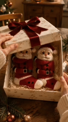 Animated gifting scene showing Santa character socks being revealed in a decorated box.