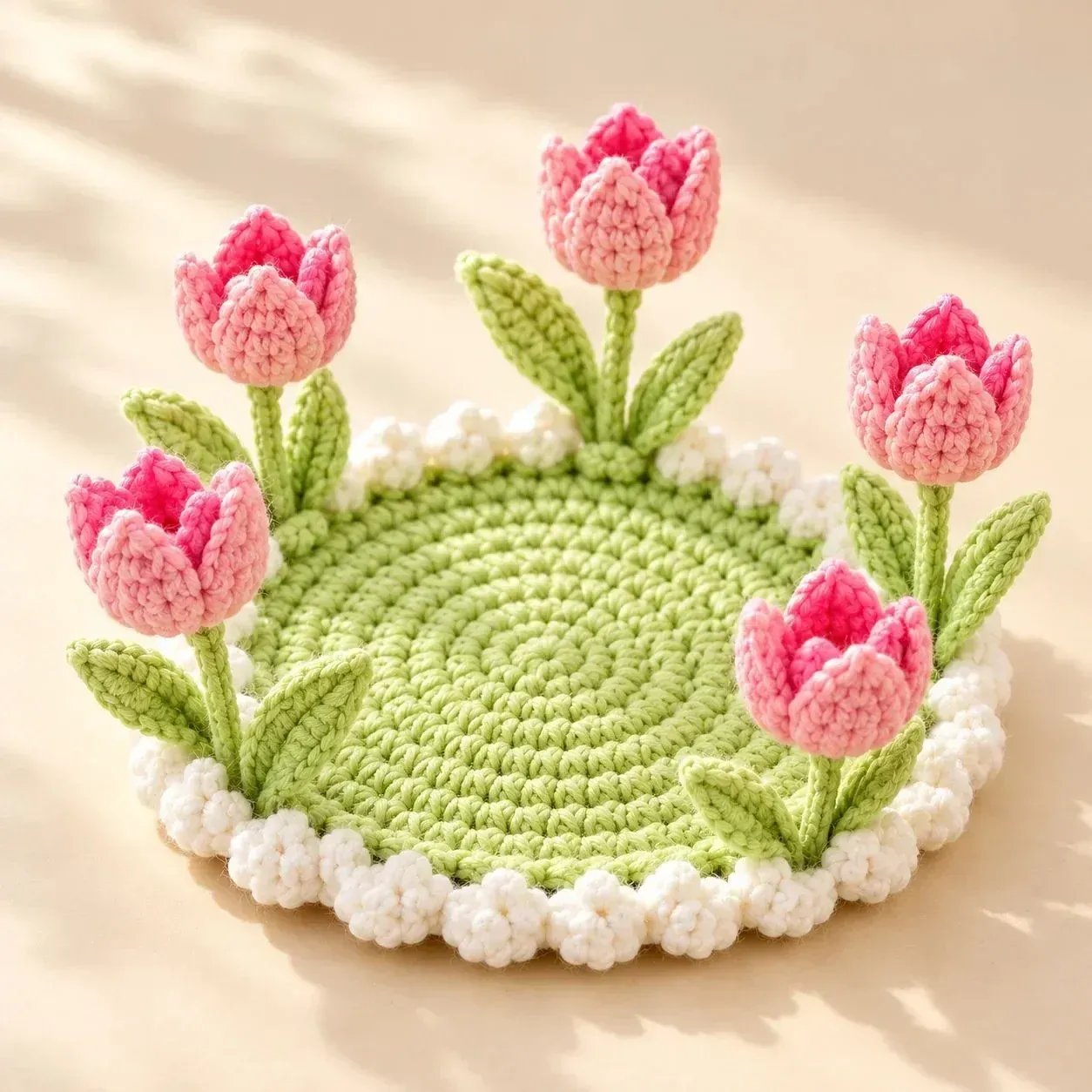 Pink Tulip Handmade Crochet Floral Coaster | Everlasting Table Art 🌸