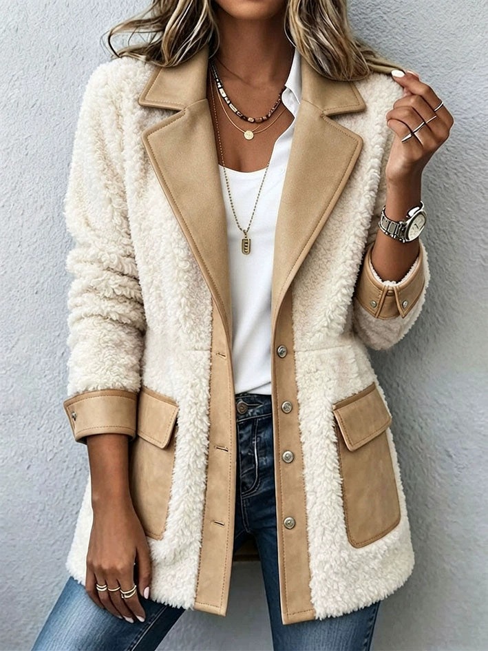 Women Sherpa Suede Combo Collared Jacket