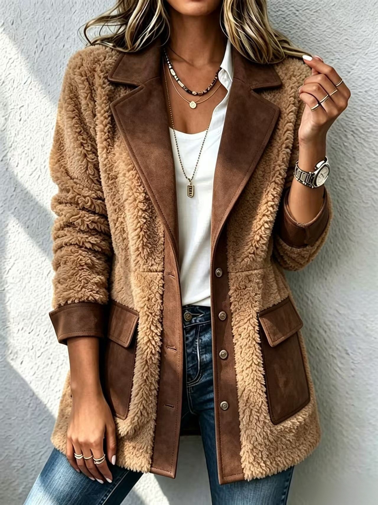 Women Sherpa Suede Combo Collared Jacket