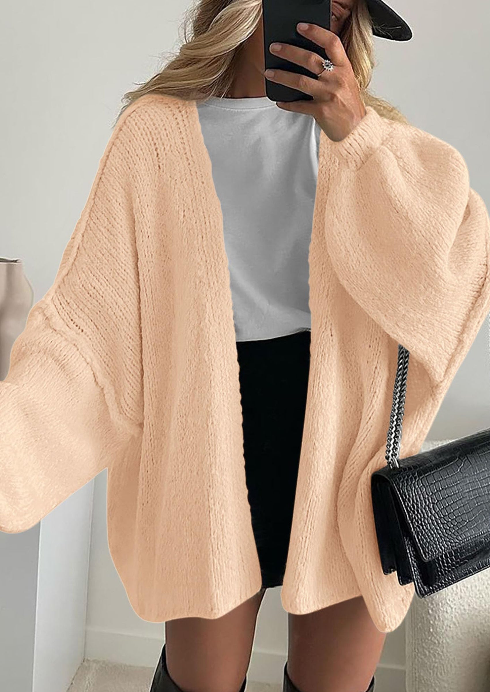 Women's Oversized Open-Front Knit Cardigan – Cozy Lantern Sleeve Sweater