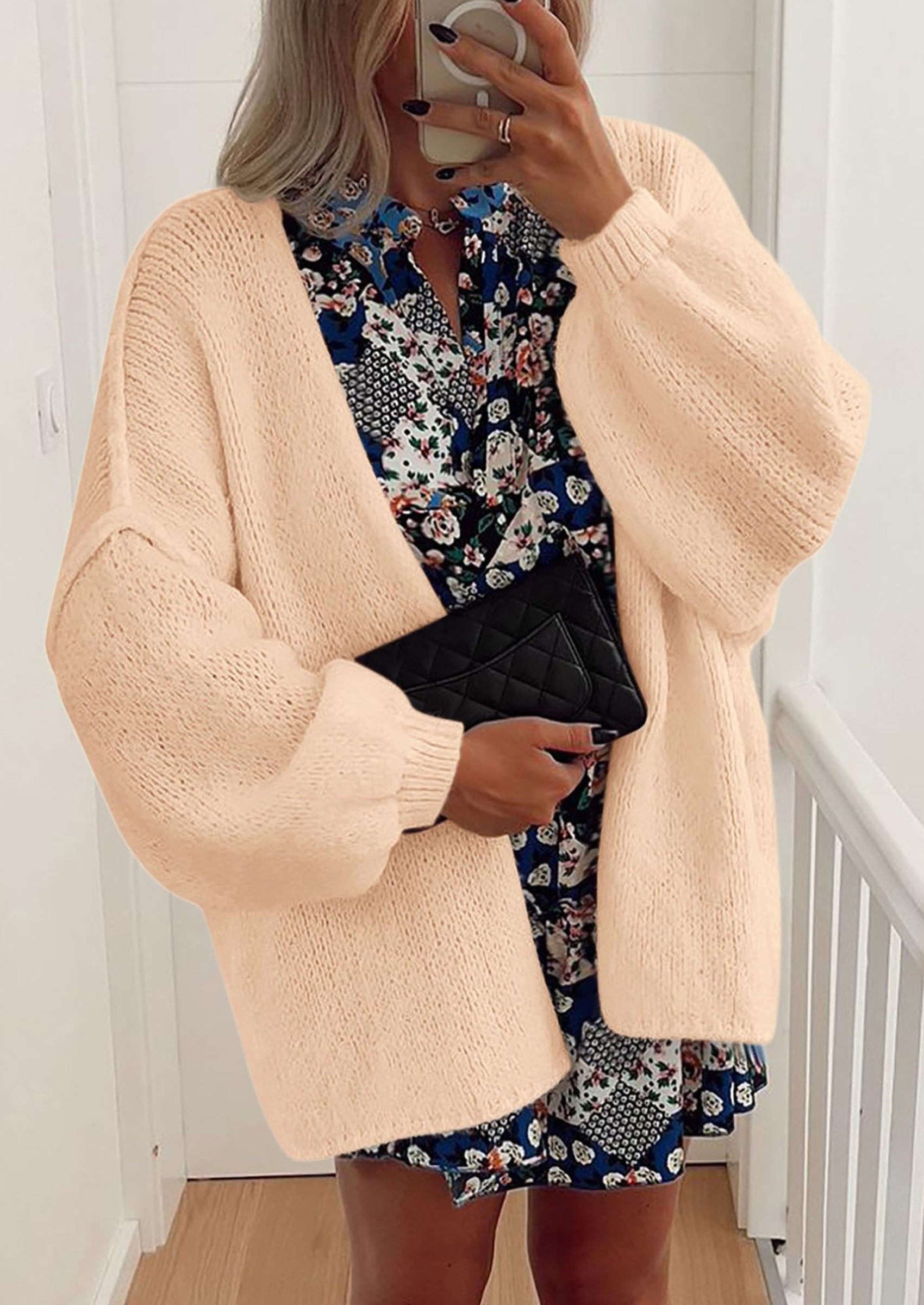 Women's Oversized Open-Front Knit Cardigan – Cozy Lantern Sleeve Sweater