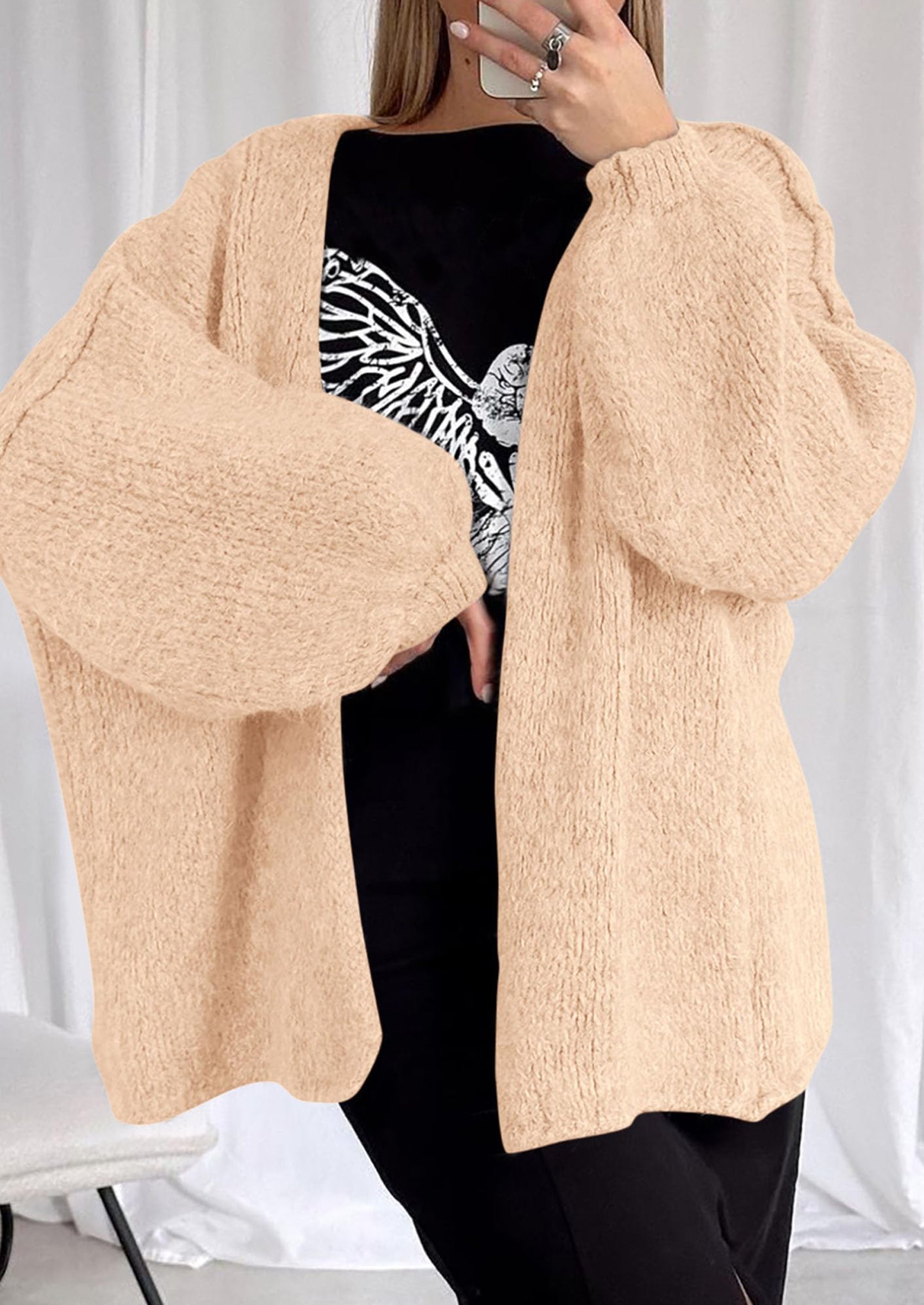 Women's Oversized Open-Front Knit Cardigan – Cozy Lantern Sleeve Sweater