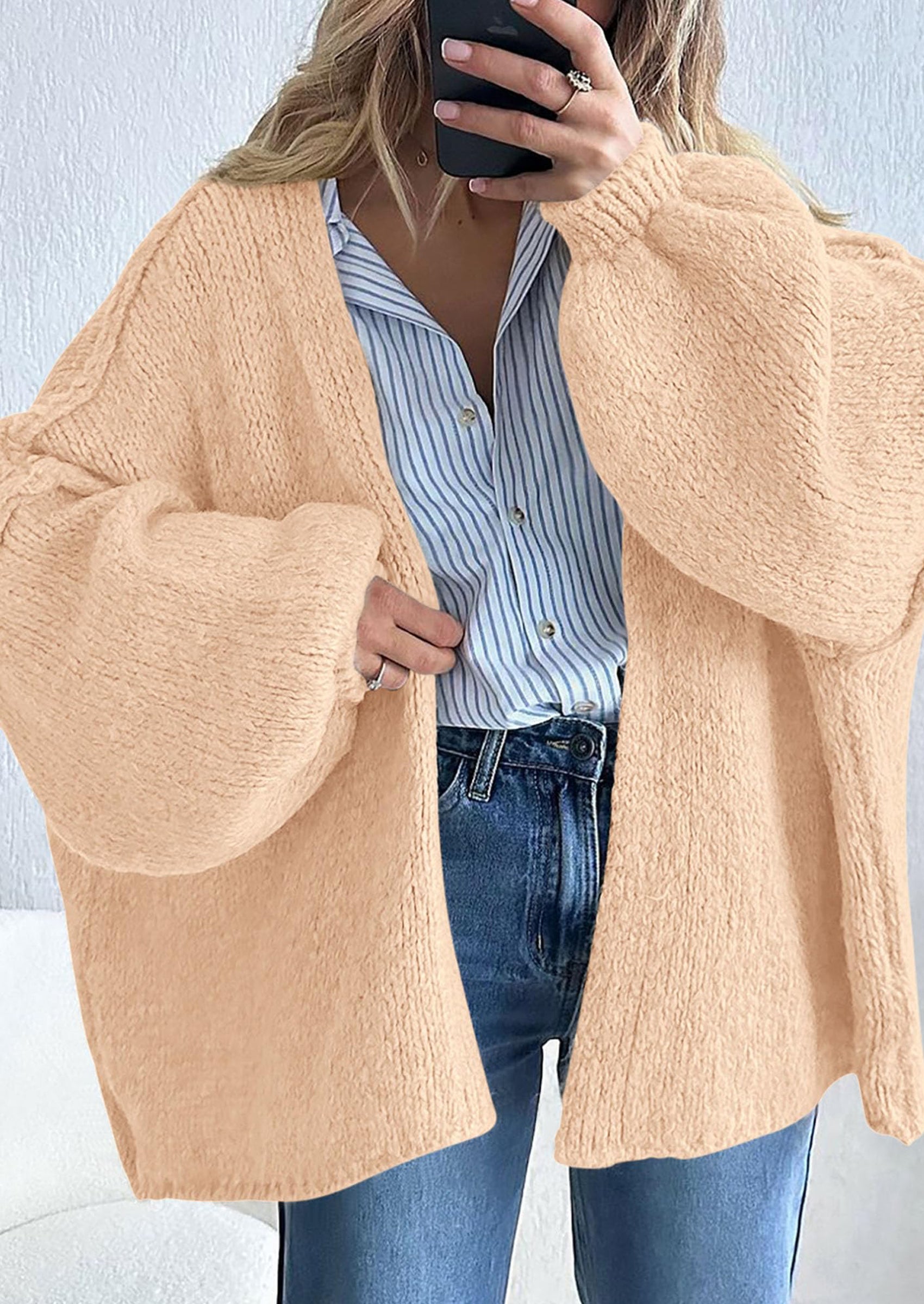 Women's Oversized Open-Front Knit Cardigan – Cozy Lantern Sleeve Sweater