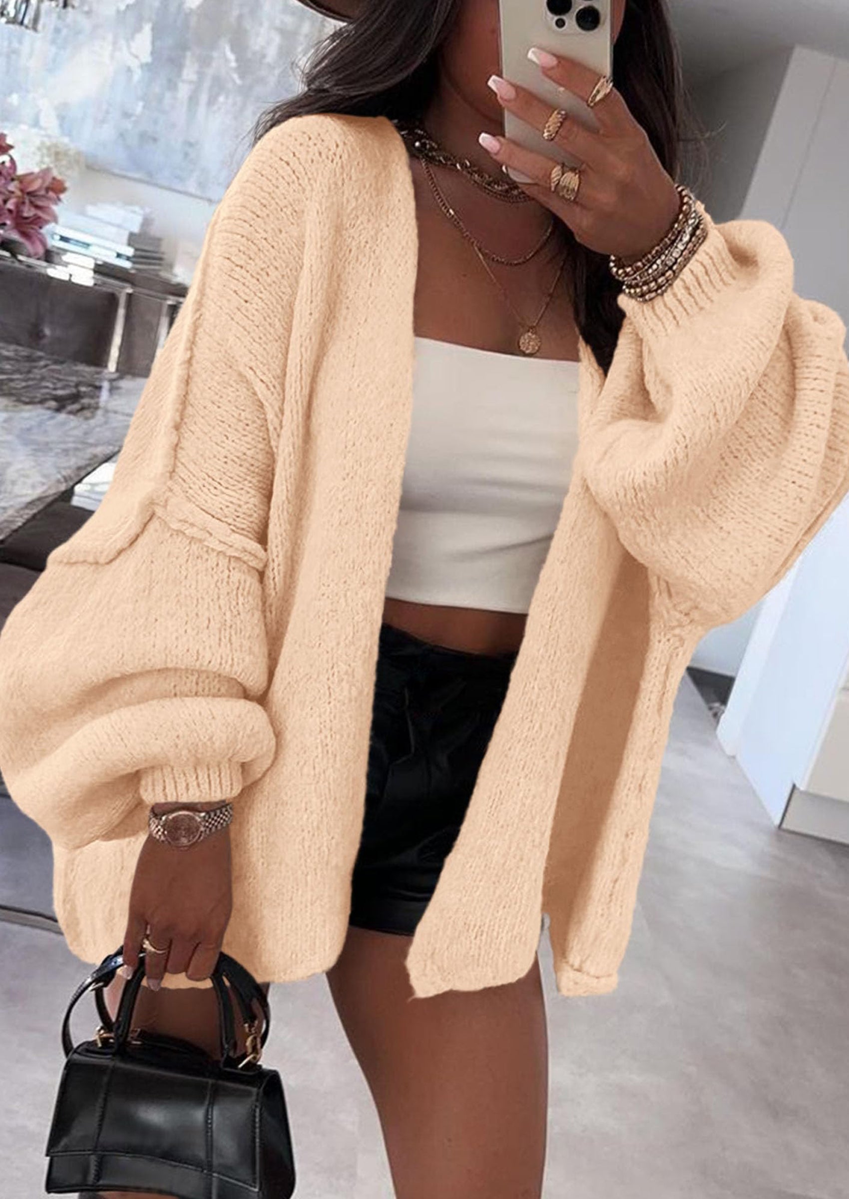 Women's Oversized Open-Front Knit Cardigan – Cozy Lantern Sleeve Sweater