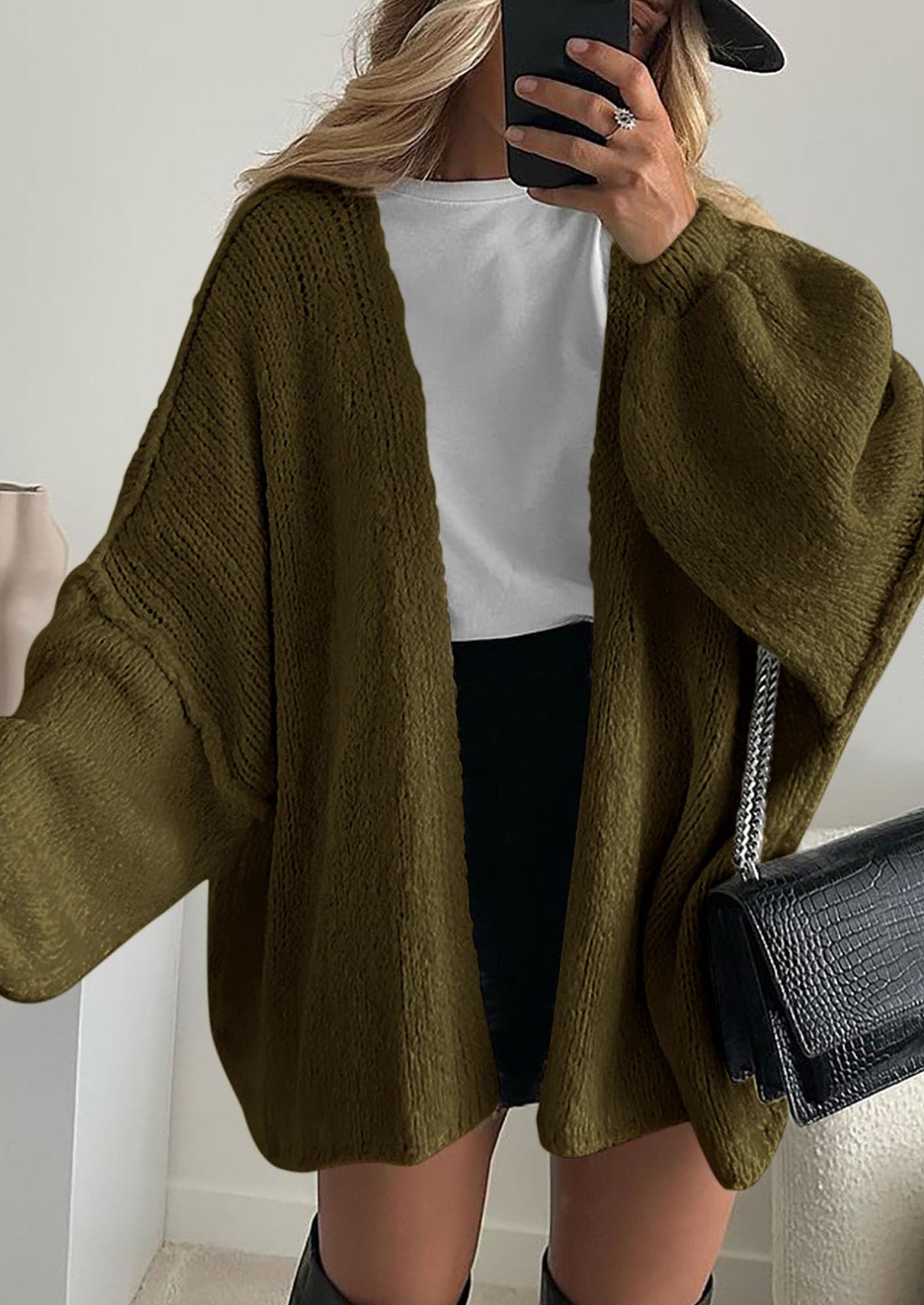 Women's Oversized Open-Front Knit Cardigan – Cozy Lantern Sleeve Sweater