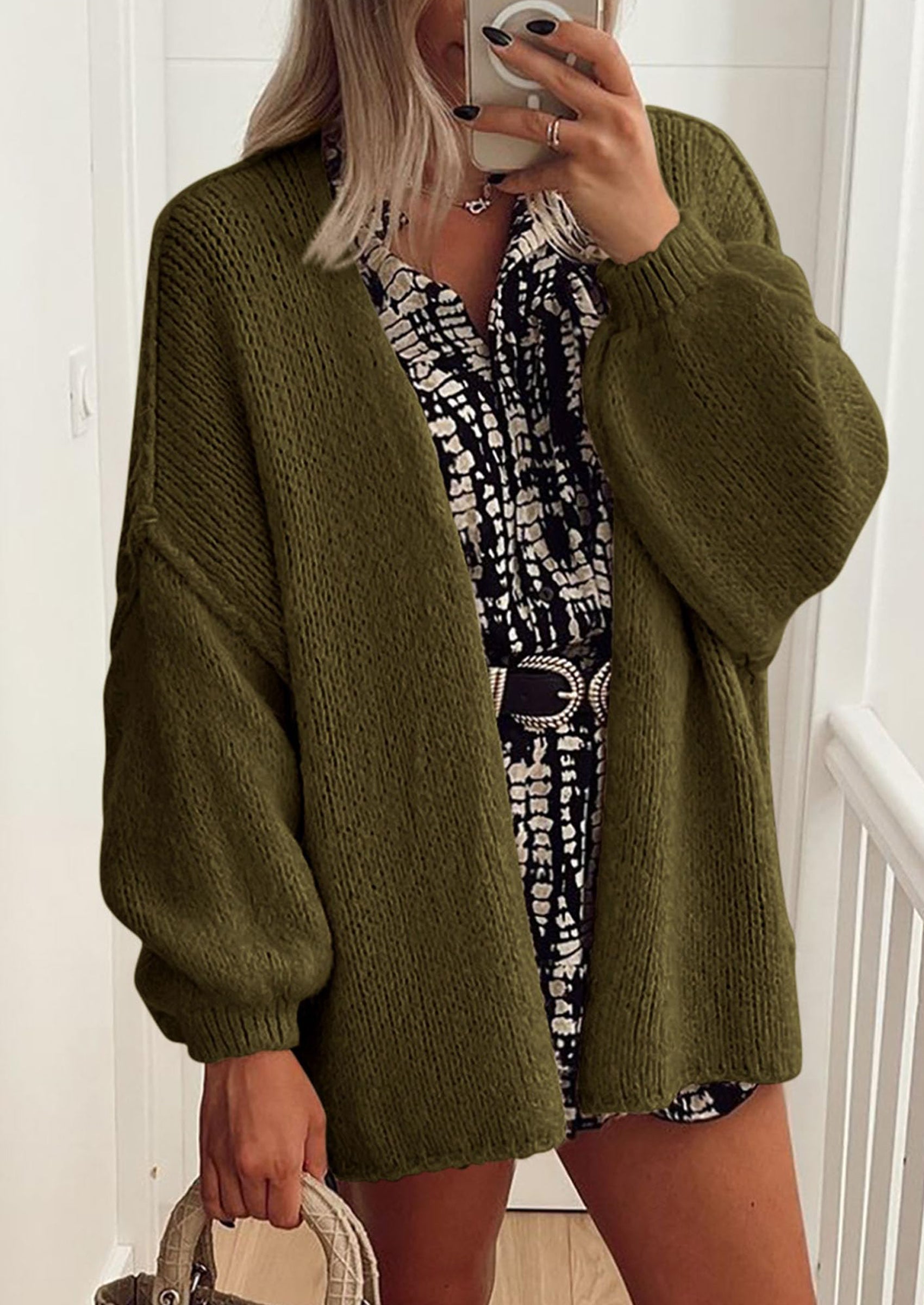 Women's Oversized Open-Front Knit Cardigan – Cozy Lantern Sleeve Sweater