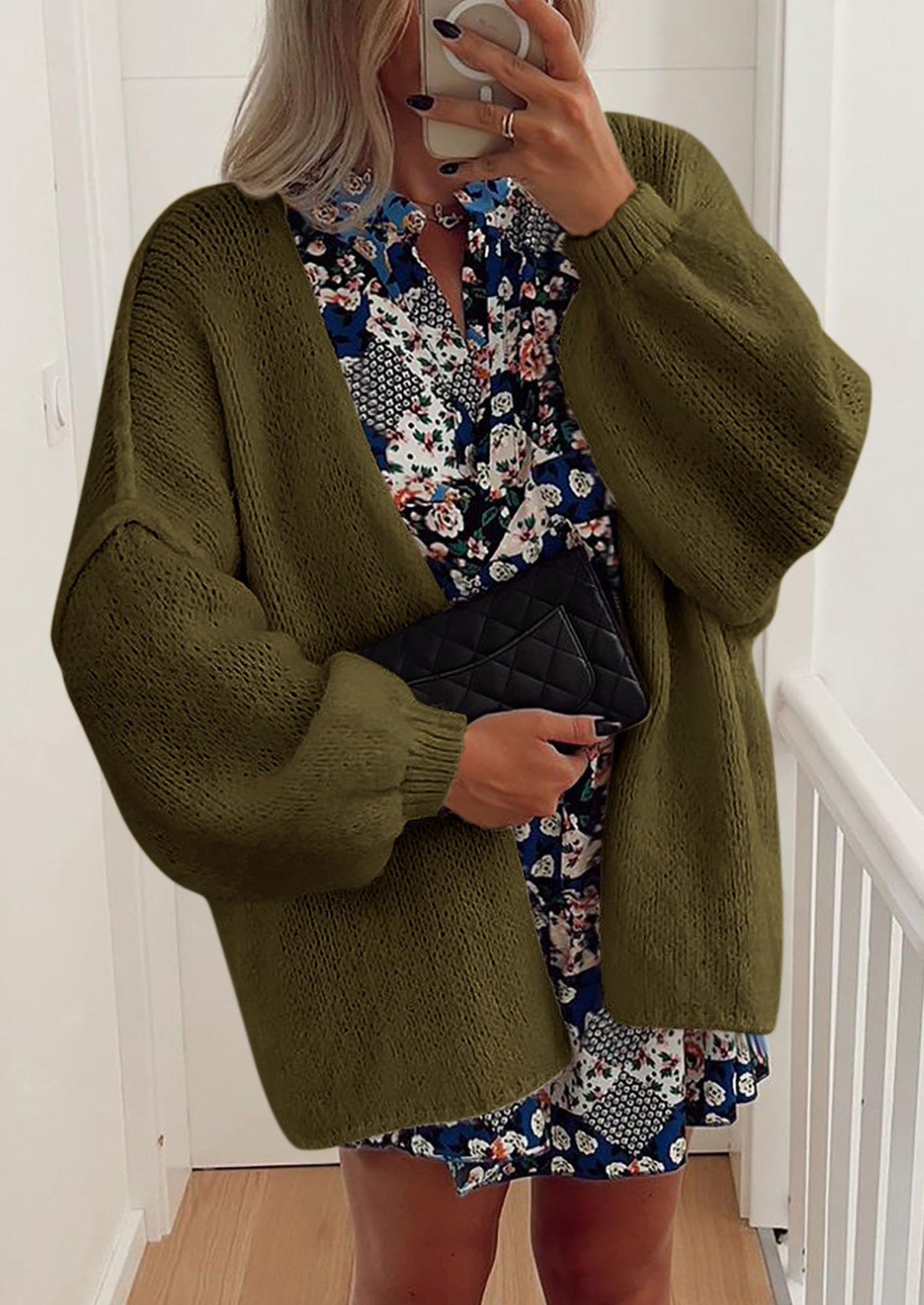 Women's Oversized Open-Front Knit Cardigan – Cozy Lantern Sleeve Sweater
