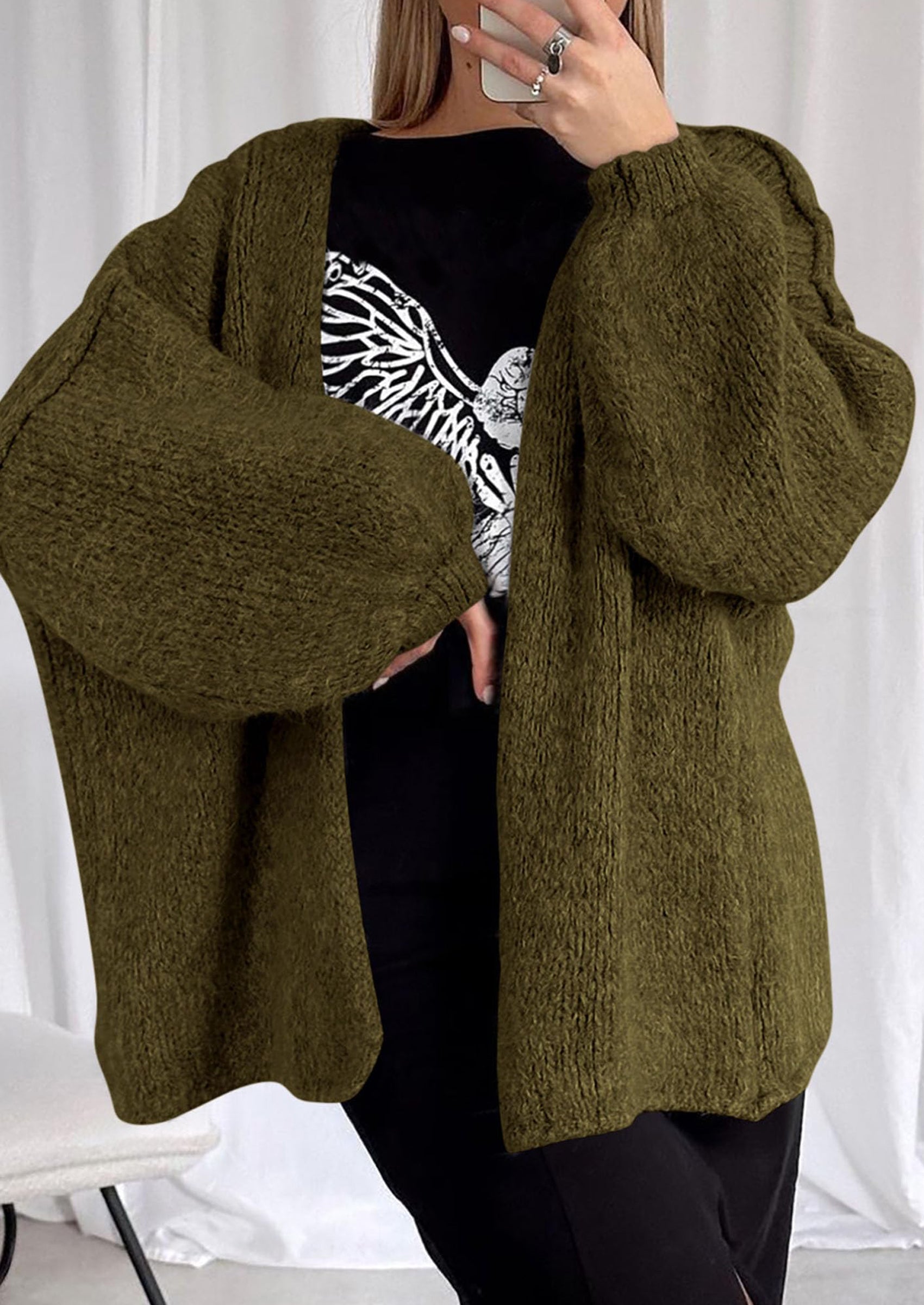 Women's Oversized Open-Front Knit Cardigan – Cozy Lantern Sleeve Sweater
