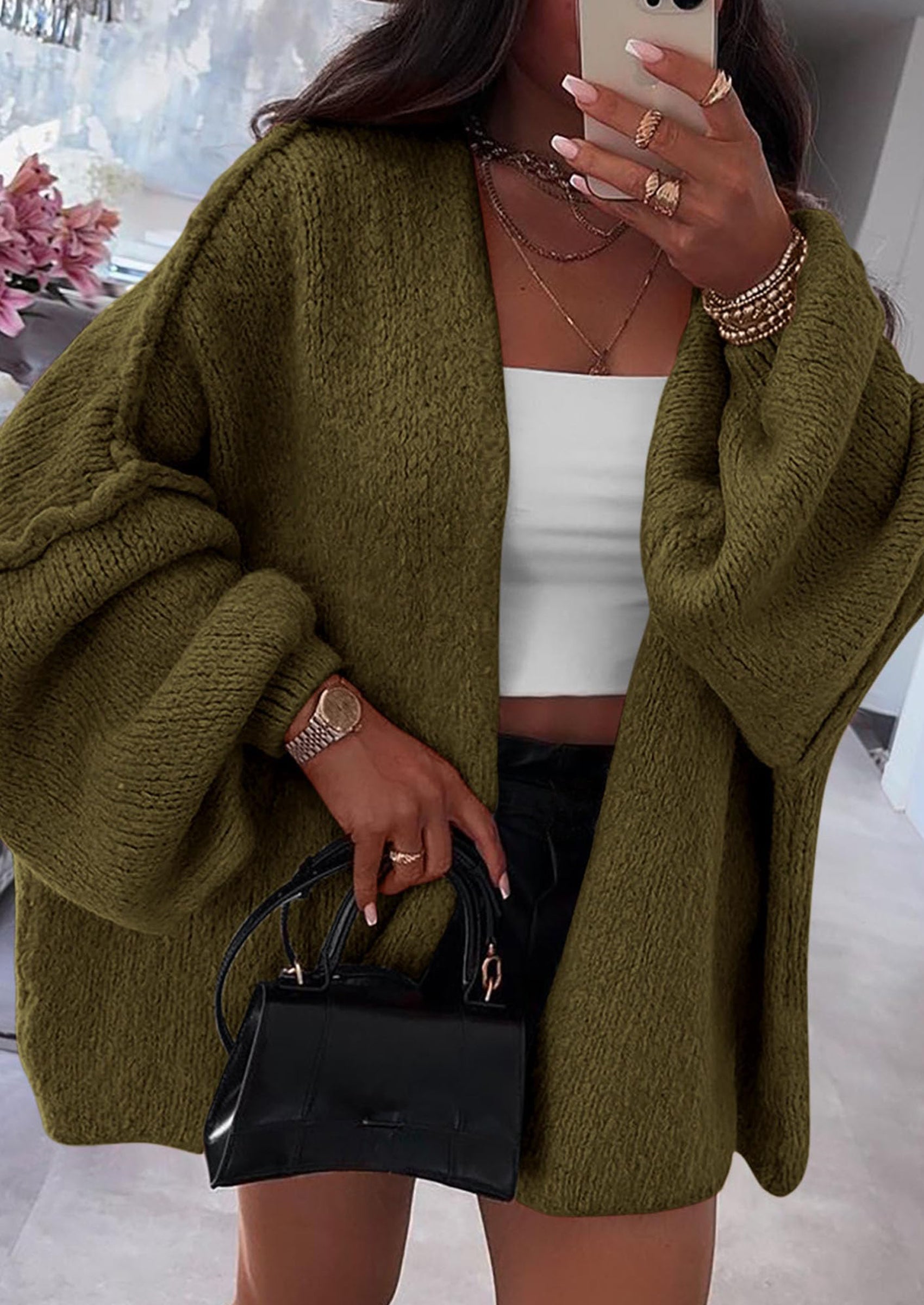 Women's Oversized Open-Front Knit Cardigan – Cozy Lantern Sleeve Sweater