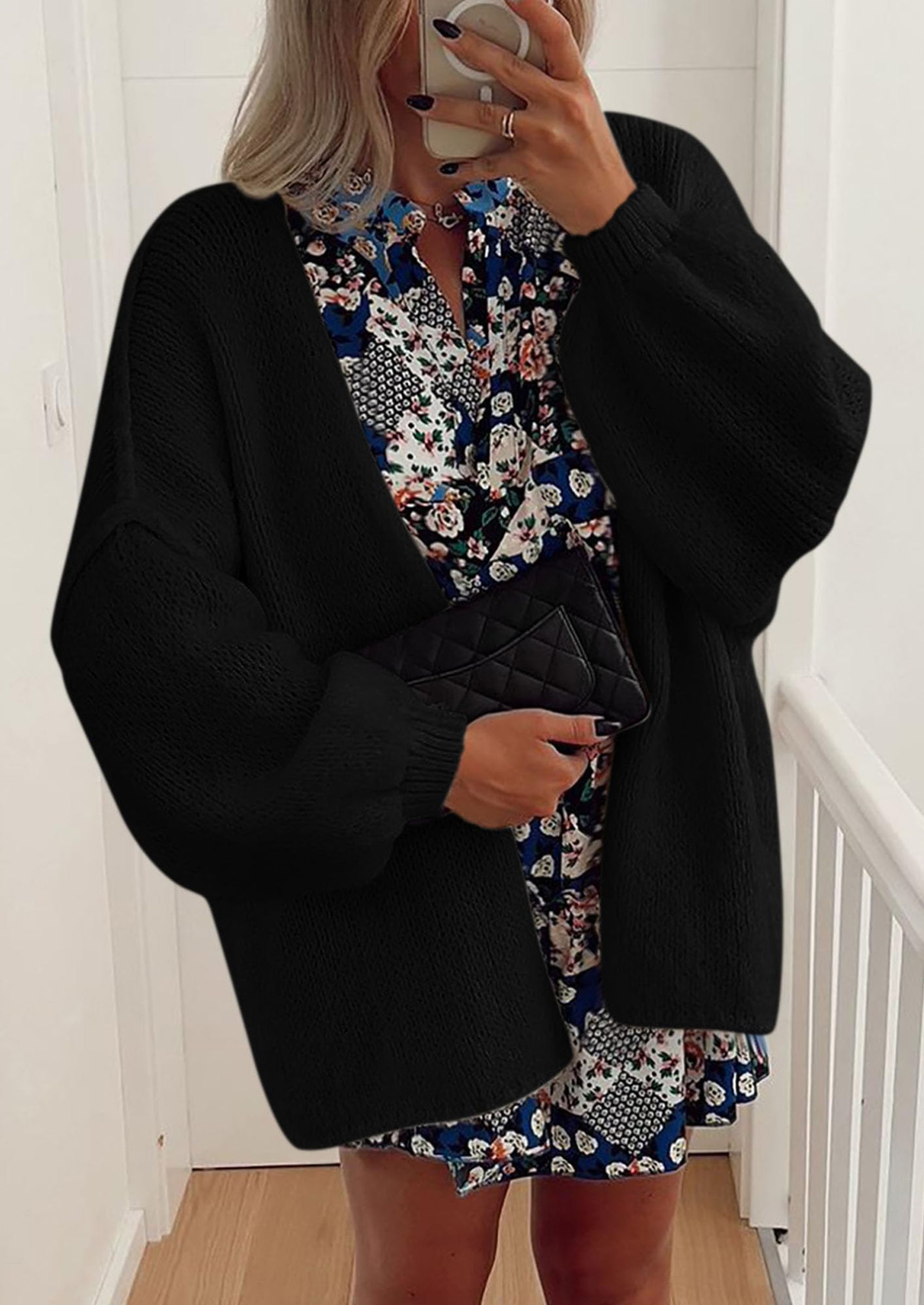 Women's Oversized Open-Front Knit Cardigan – Cozy Lantern Sleeve Sweater