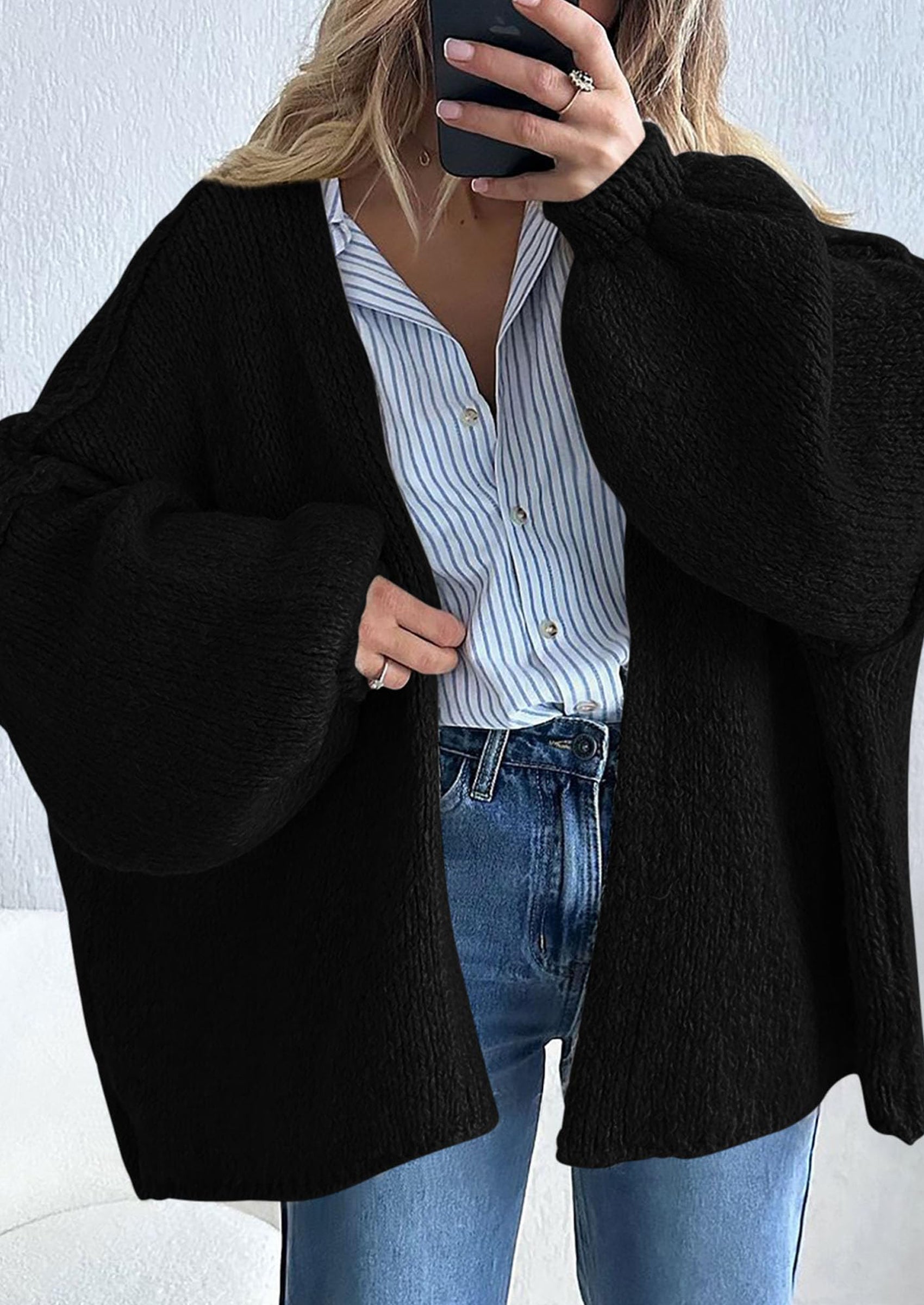 Women's Oversized Open-Front Knit Cardigan – Cozy Lantern Sleeve Sweater