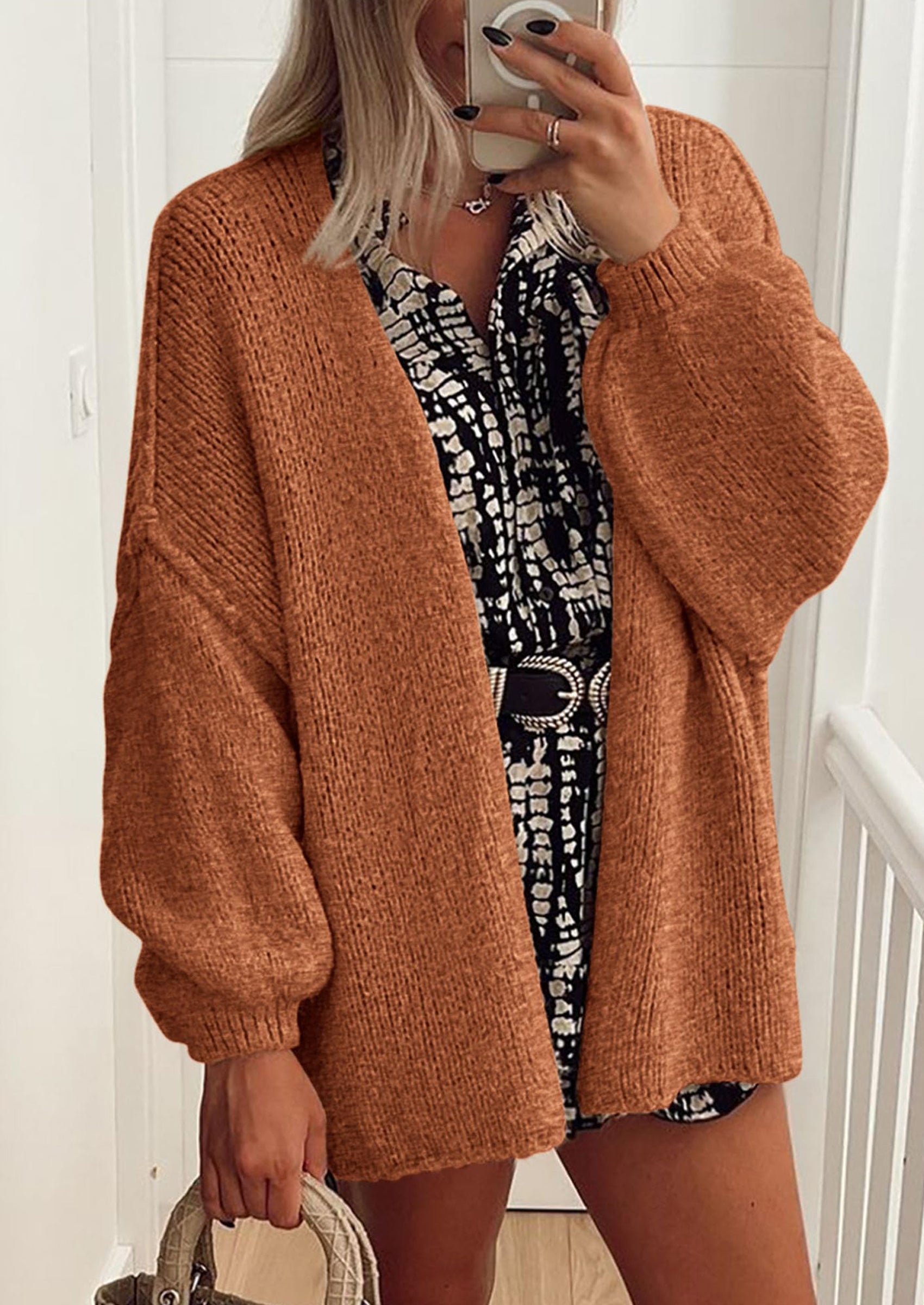 Women's Oversized Open-Front Knit Cardigan – Cozy Lantern Sleeve Sweater