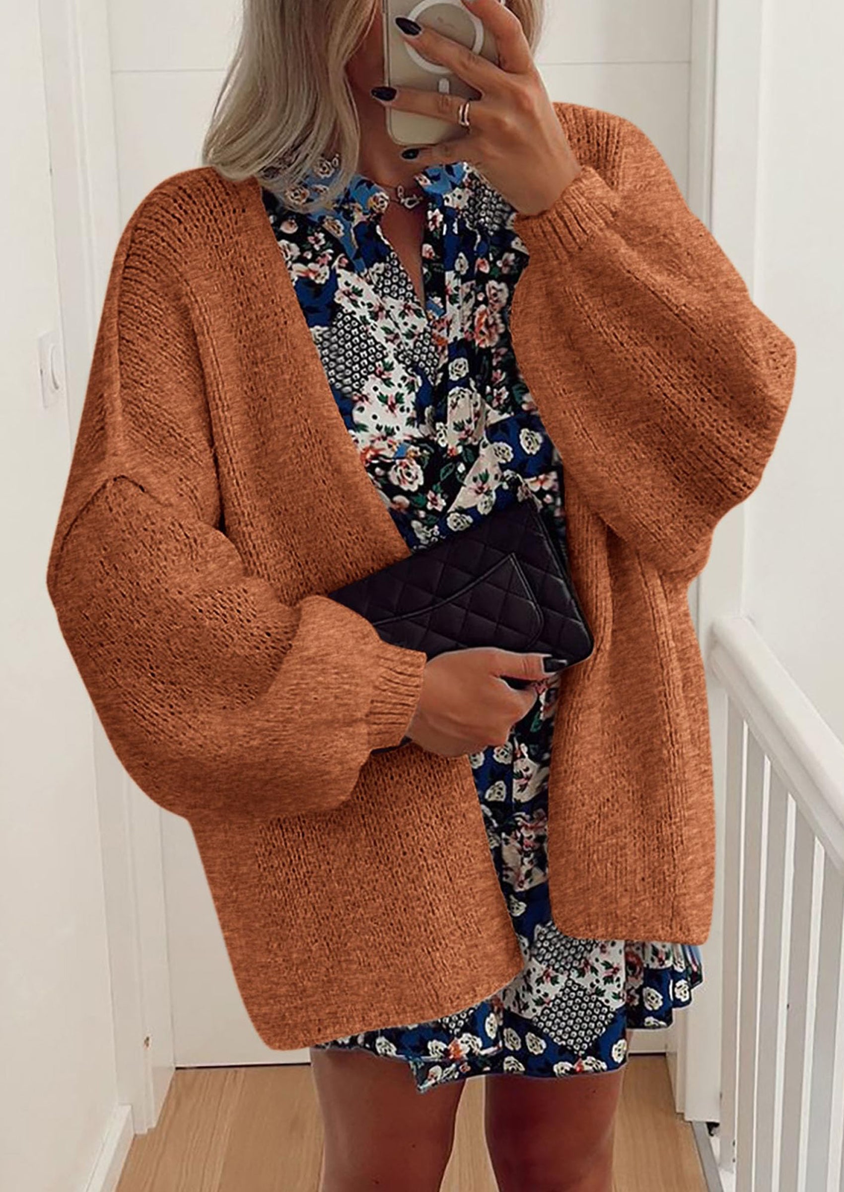 Women's Oversized Open-Front Knit Cardigan – Cozy Lantern Sleeve Sweater