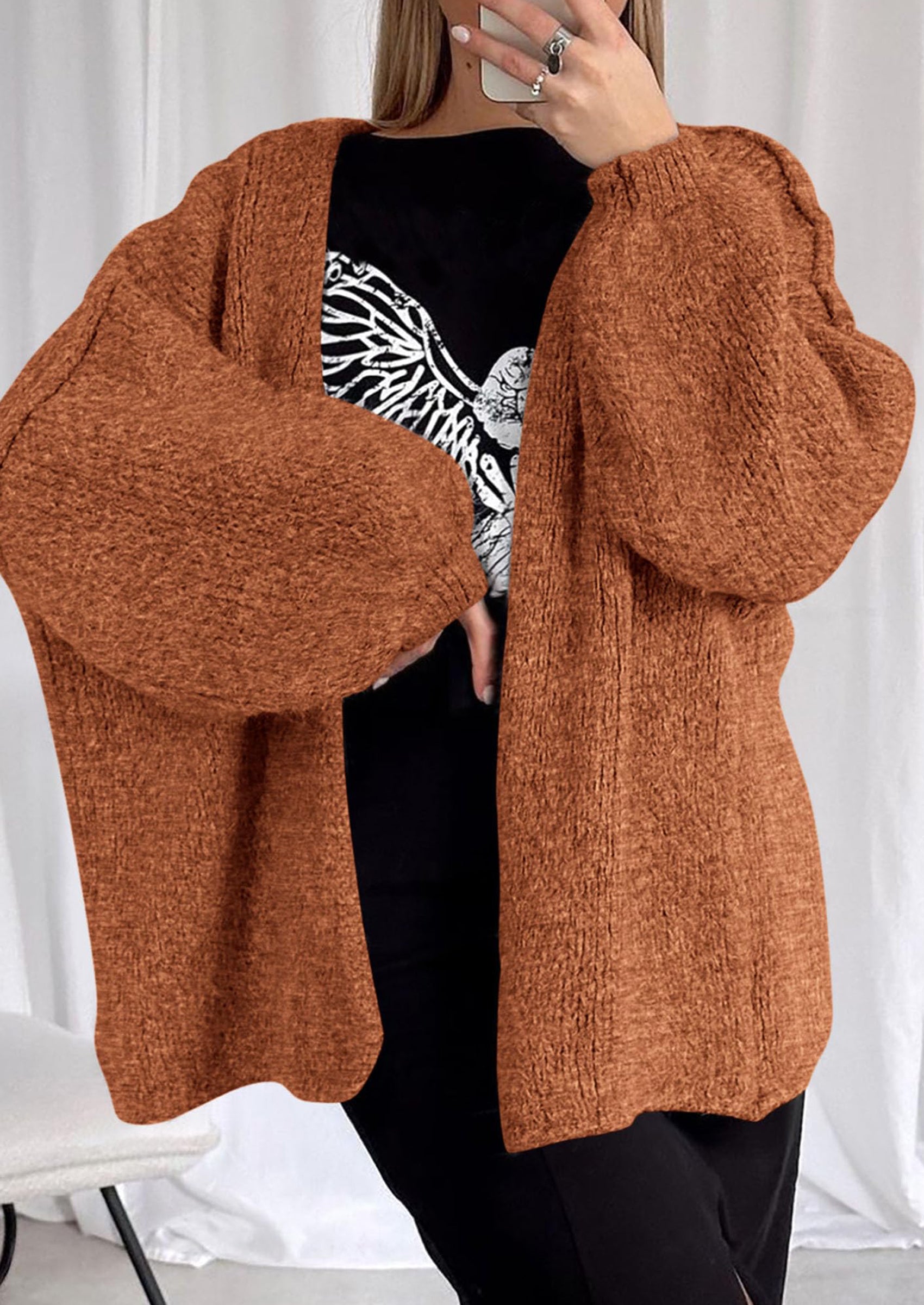 Women's Oversized Open-Front Knit Cardigan – Cozy Lantern Sleeve Sweater
