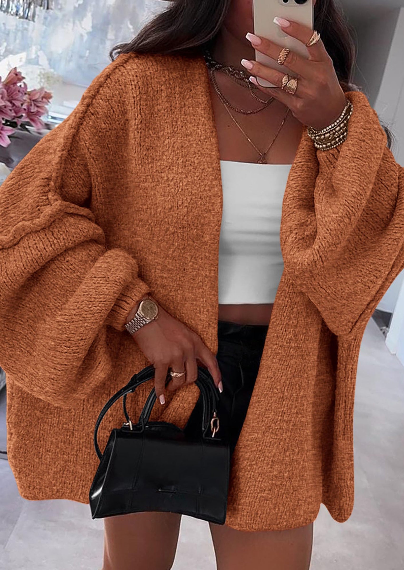 Women's Oversized Open-Front Knit Cardigan – Cozy Lantern Sleeve Sweater