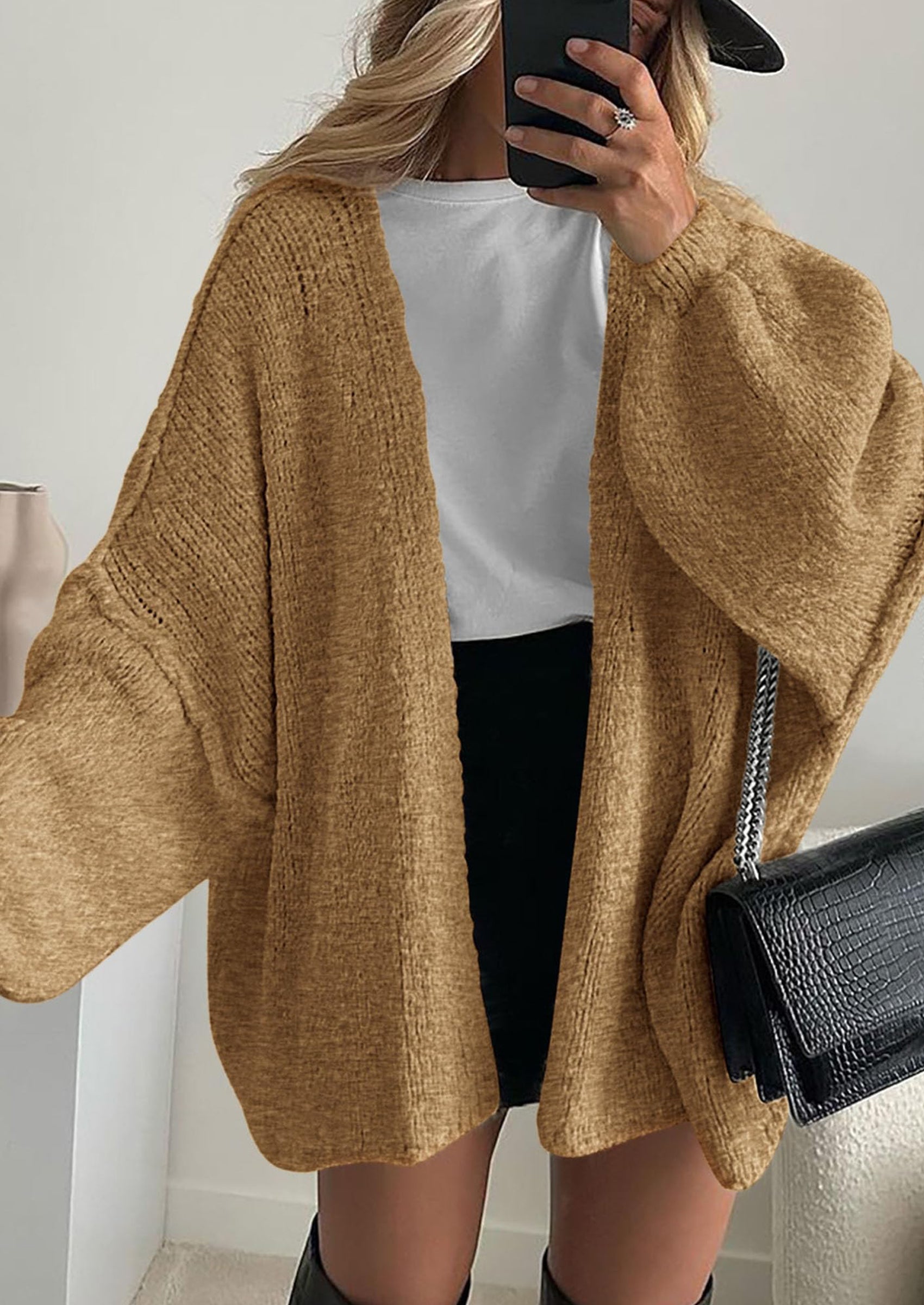 Women's Oversized Open-Front Knit Cardigan – Cozy Lantern Sleeve Sweater