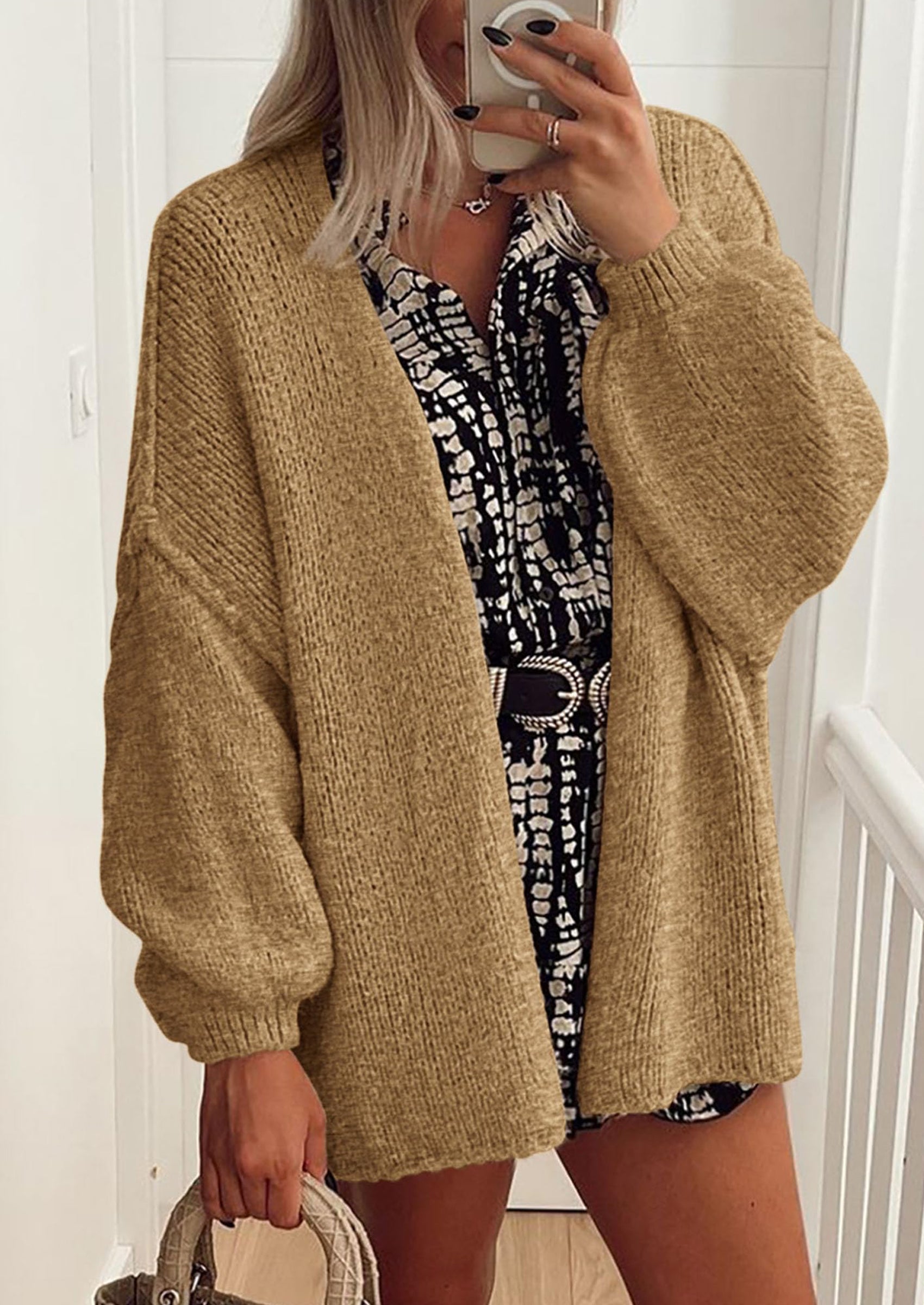 Women's Oversized Open-Front Knit Cardigan – Cozy Lantern Sleeve Sweater