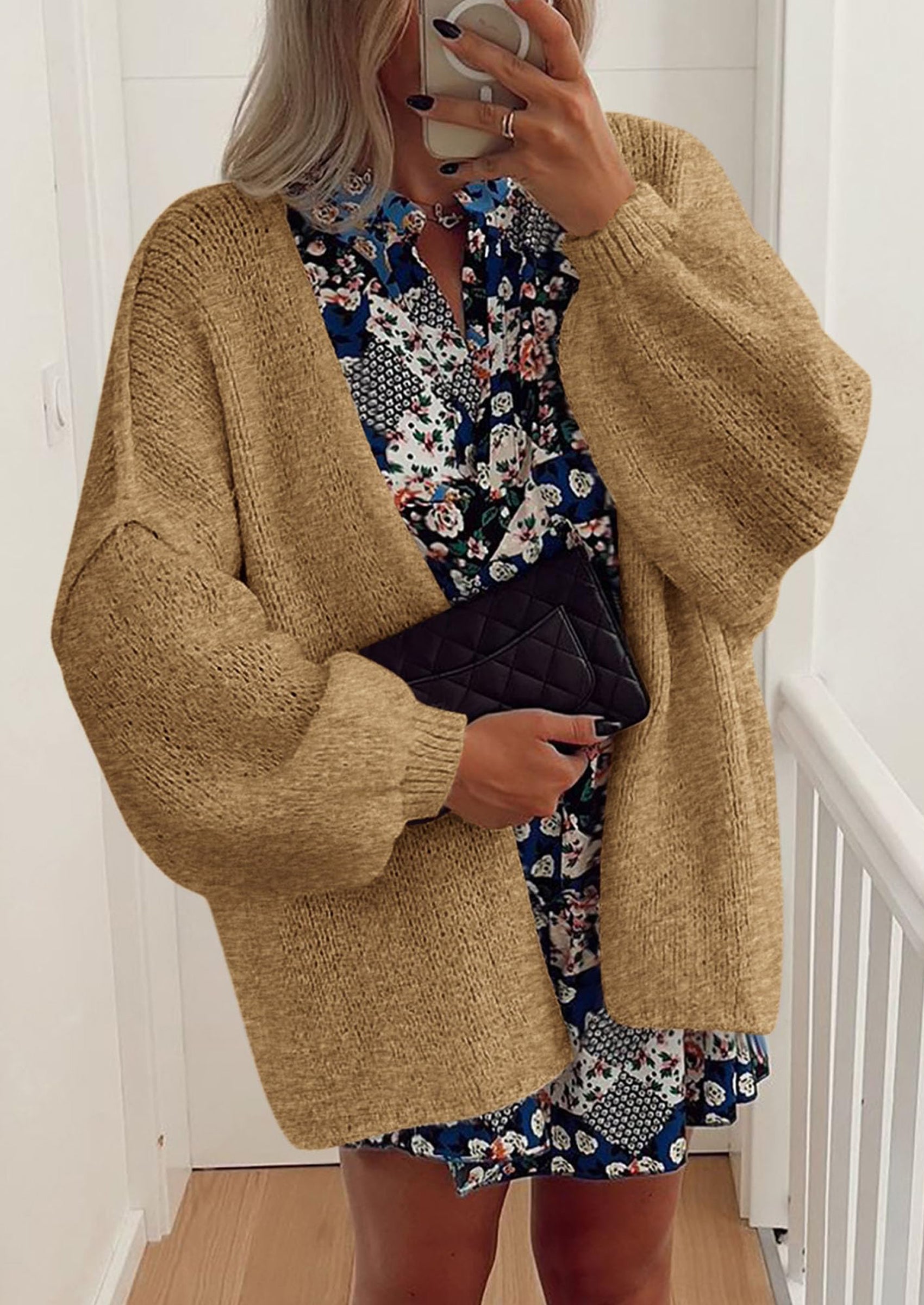 Women's Oversized Open-Front Knit Cardigan – Cozy Lantern Sleeve Sweater