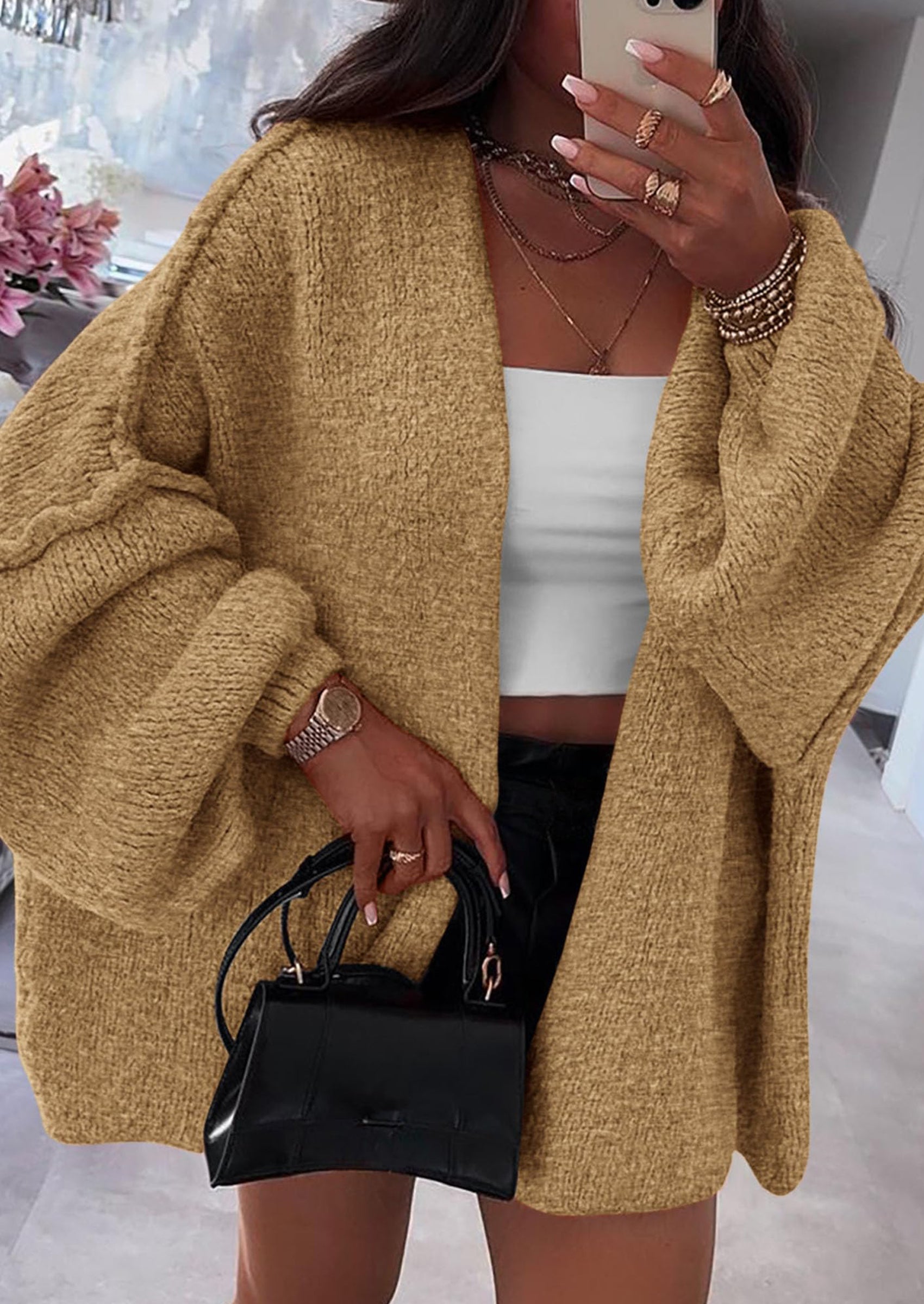 Women's Oversized Open-Front Knit Cardigan – Cozy Lantern Sleeve Sweater