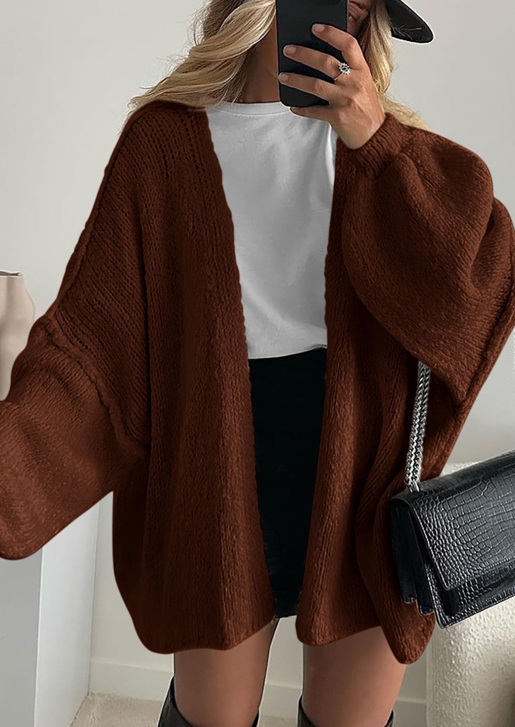 Women's Oversized Open-Front Knit Cardigan – Cozy Lantern Sleeve Sweater