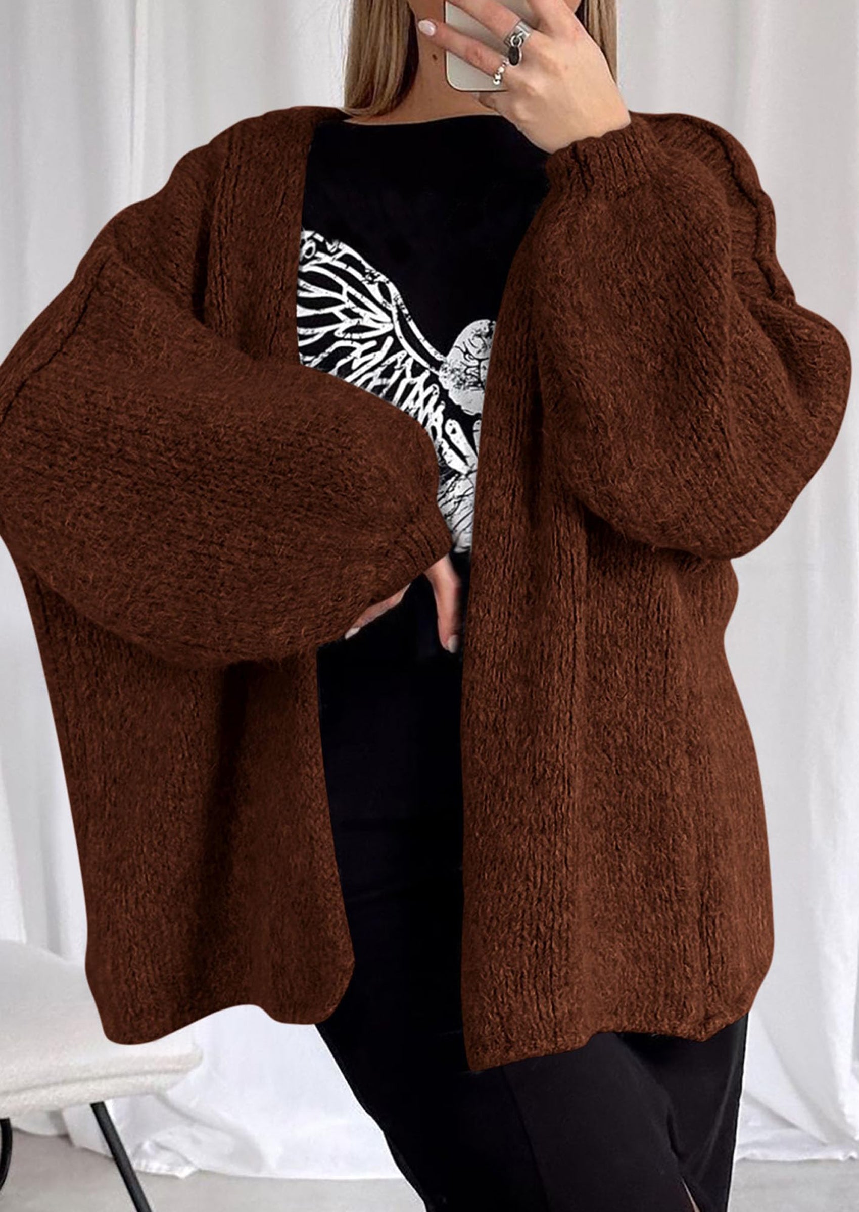 Women's Oversized Open-Front Knit Cardigan – Cozy Lantern Sleeve Sweater