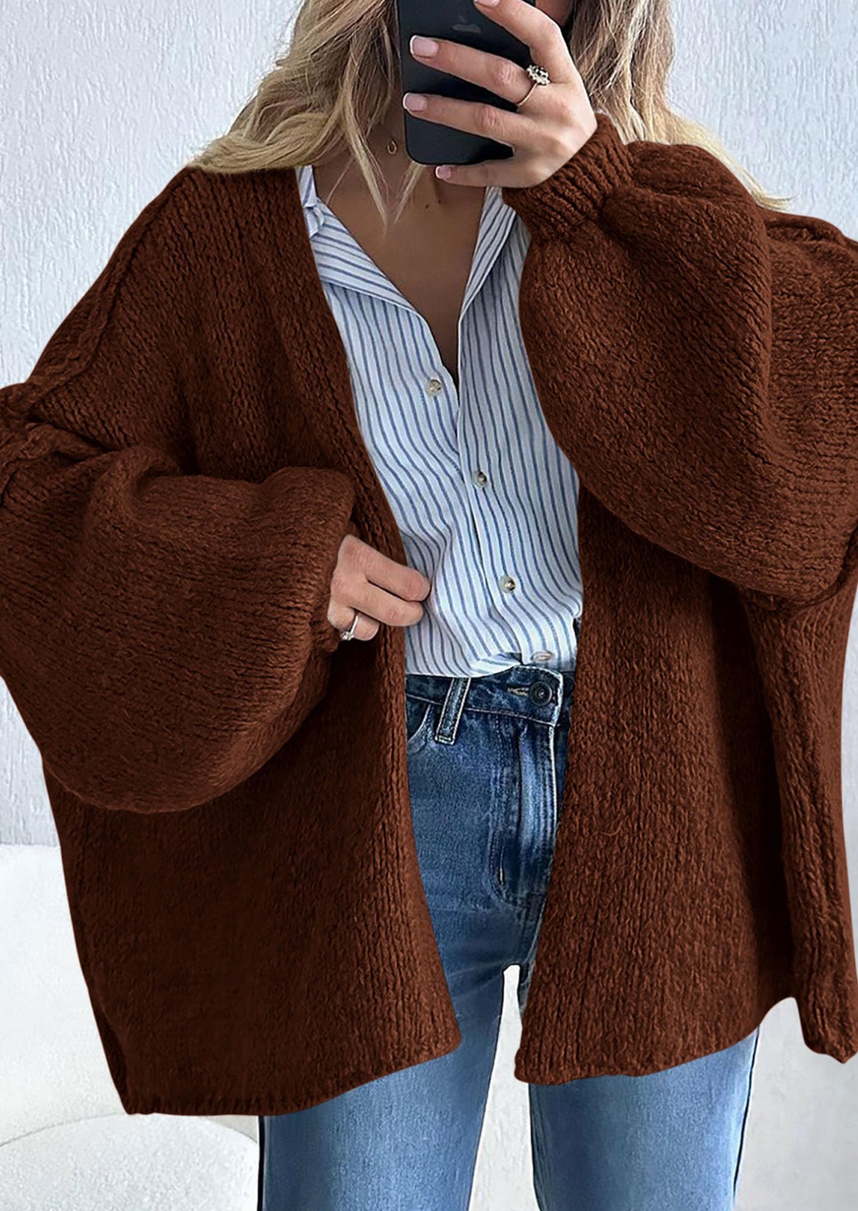 Women's Oversized Open-Front Knit Cardigan – Cozy Lantern Sleeve Sweater