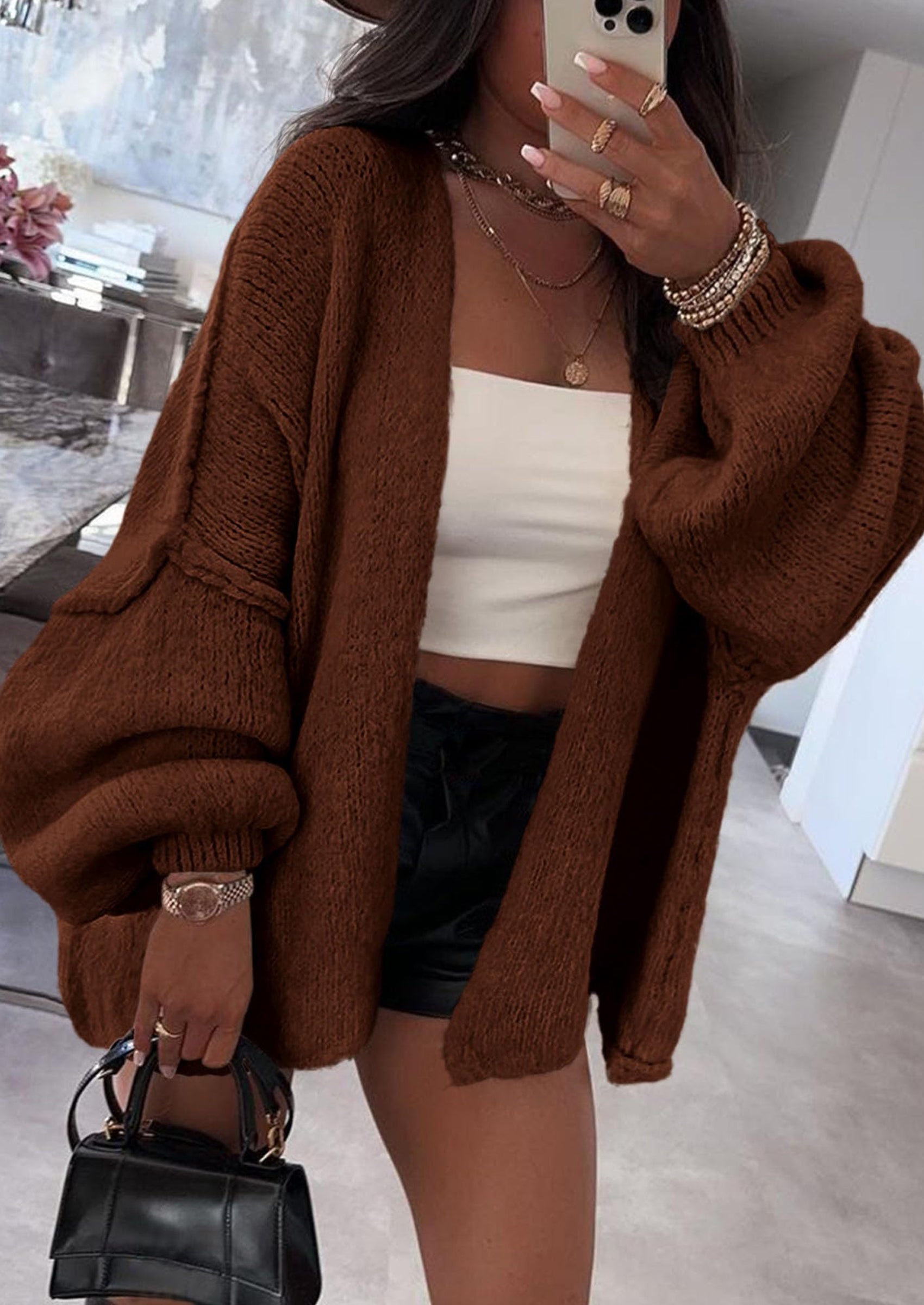 Women's Oversized Open-Front Knit Cardigan – Cozy Lantern Sleeve Sweater