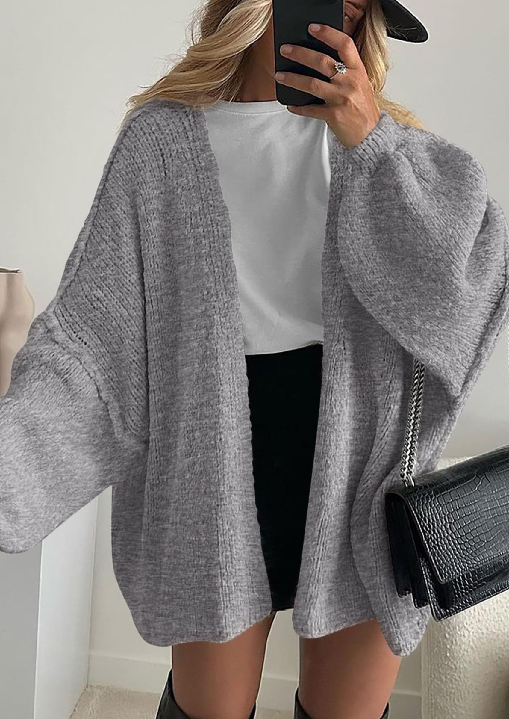 Women's Oversized Open-Front Knit Cardigan – Cozy Lantern Sleeve Sweater