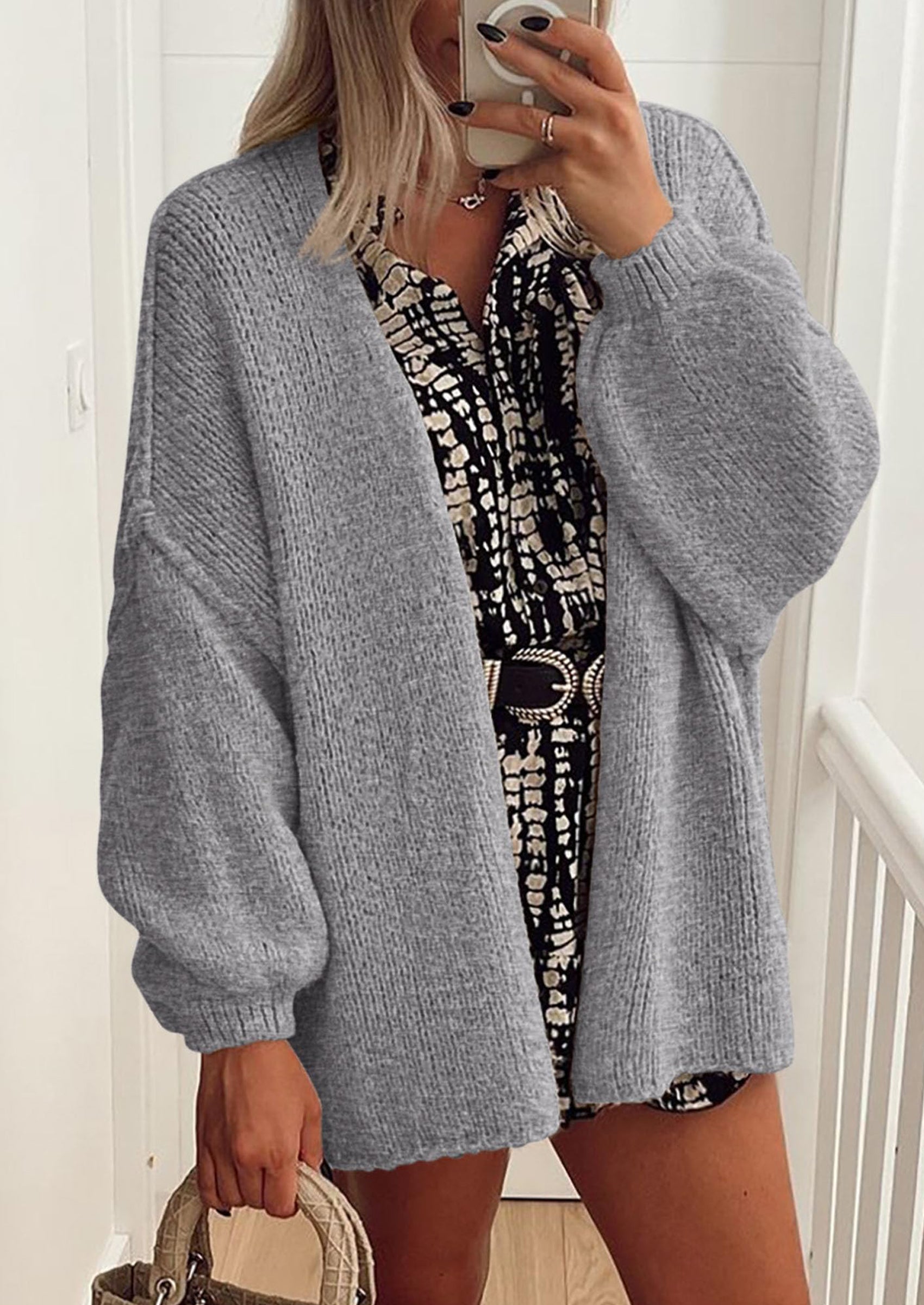 Women's Oversized Open-Front Knit Cardigan – Cozy Lantern Sleeve Sweater