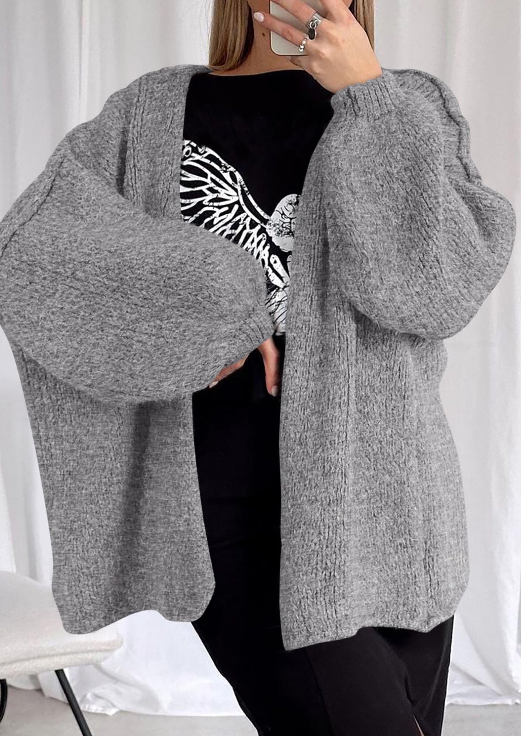 Women's Oversized Open-Front Knit Cardigan – Cozy Lantern Sleeve Sweater