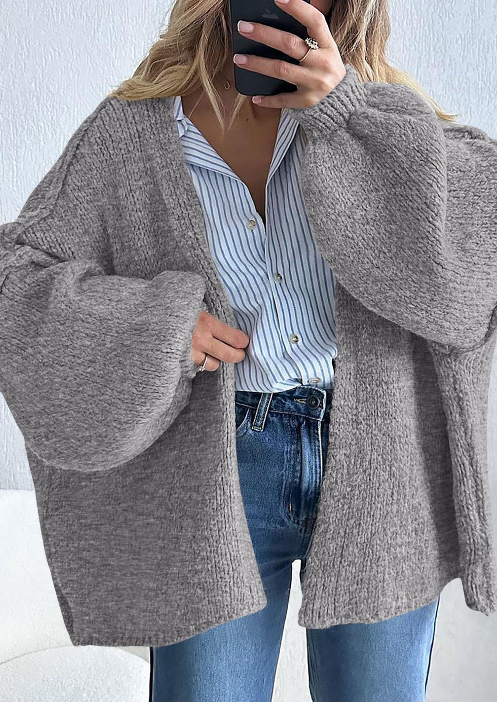 Women's Oversized Open-Front Knit Cardigan – Cozy Lantern Sleeve Sweater