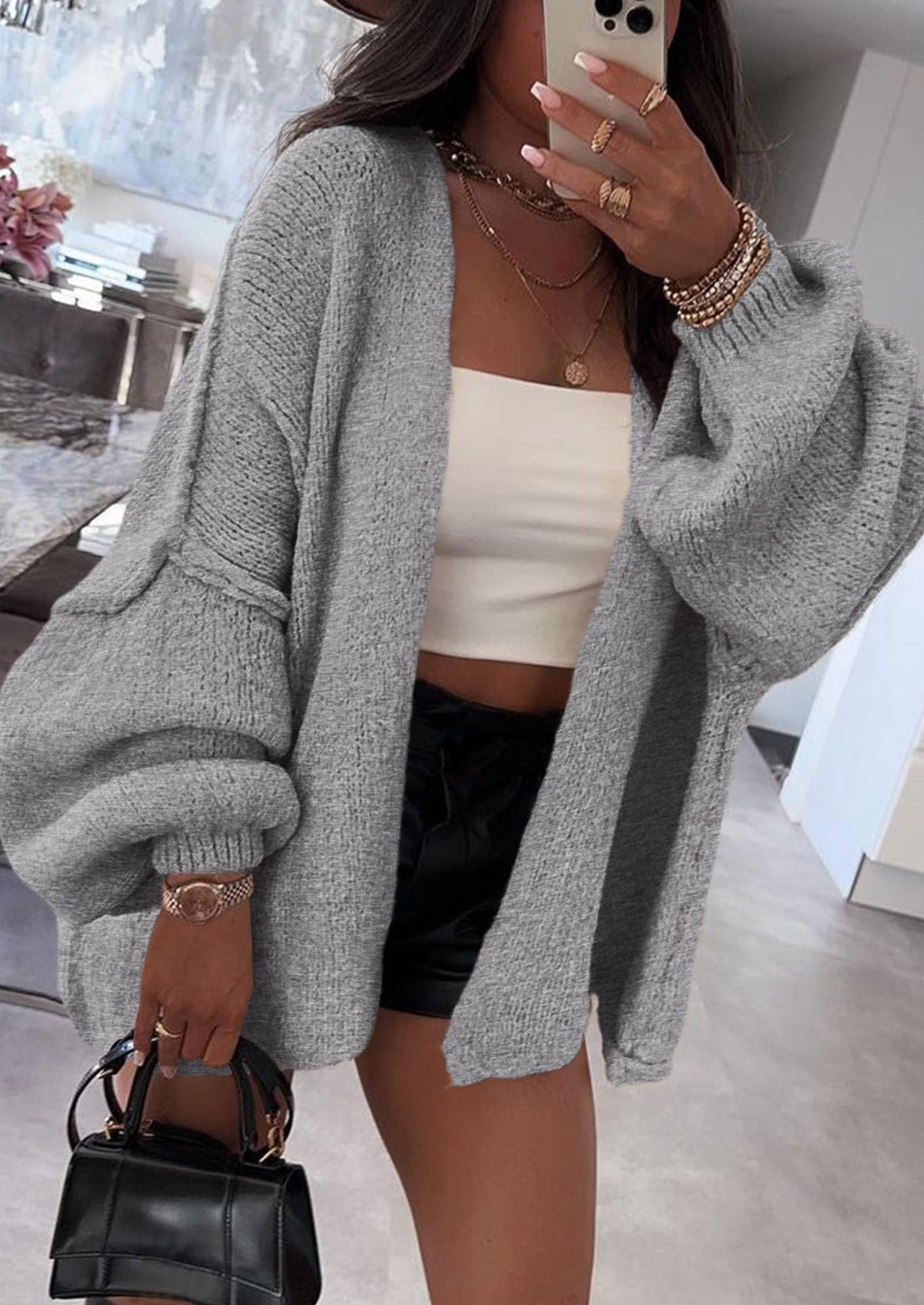 Women's Oversized Open-Front Knit Cardigan – Cozy Lantern Sleeve Sweater