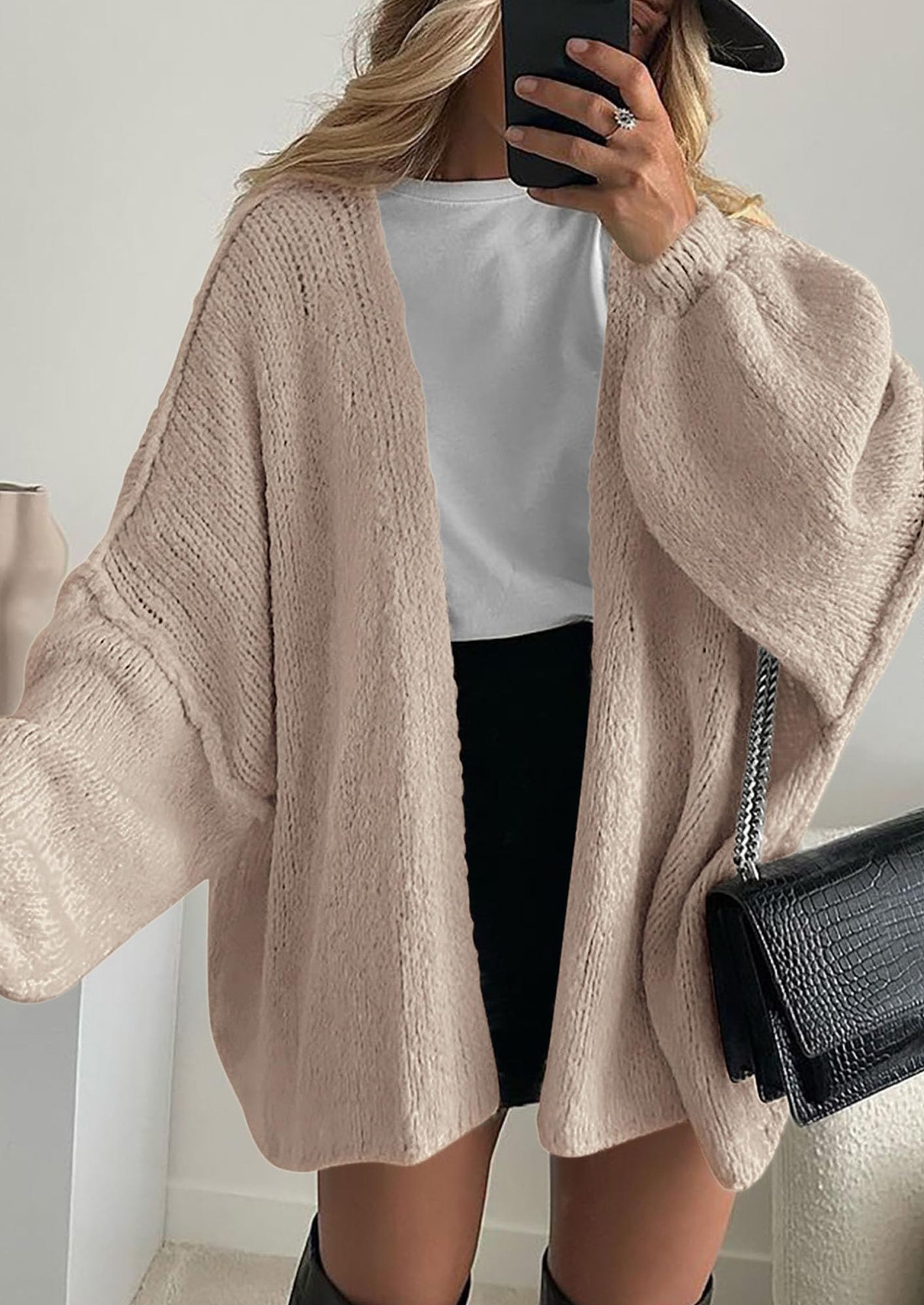 Women's Oversized Open-Front Knit Cardigan – Cozy Lantern Sleeve Sweater