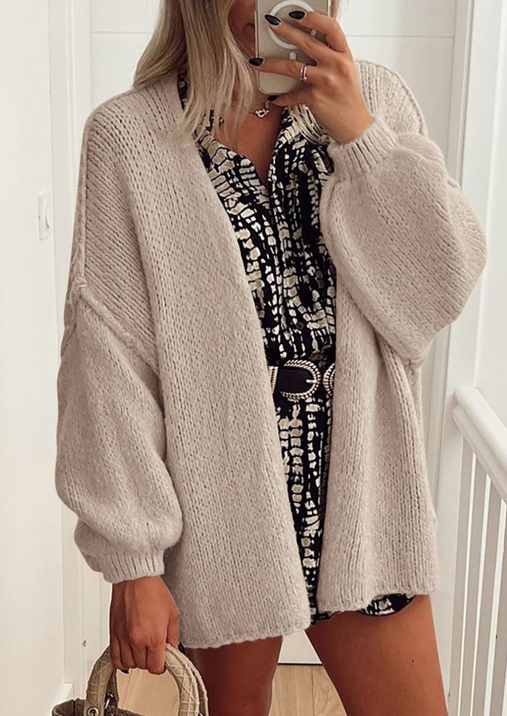 Women's Oversized Open-Front Knit Cardigan – Cozy Lantern Sleeve Sweater