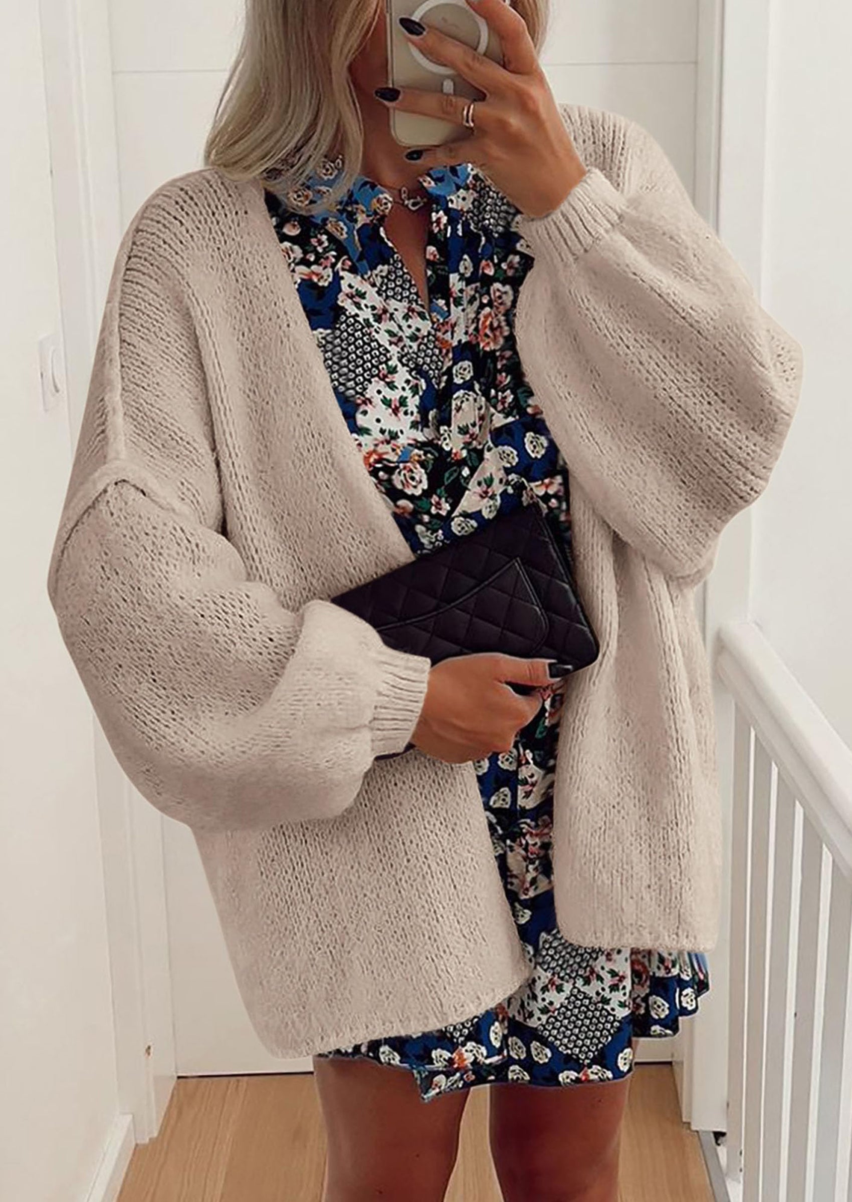 Women's Oversized Open-Front Knit Cardigan – Cozy Lantern Sleeve Sweater