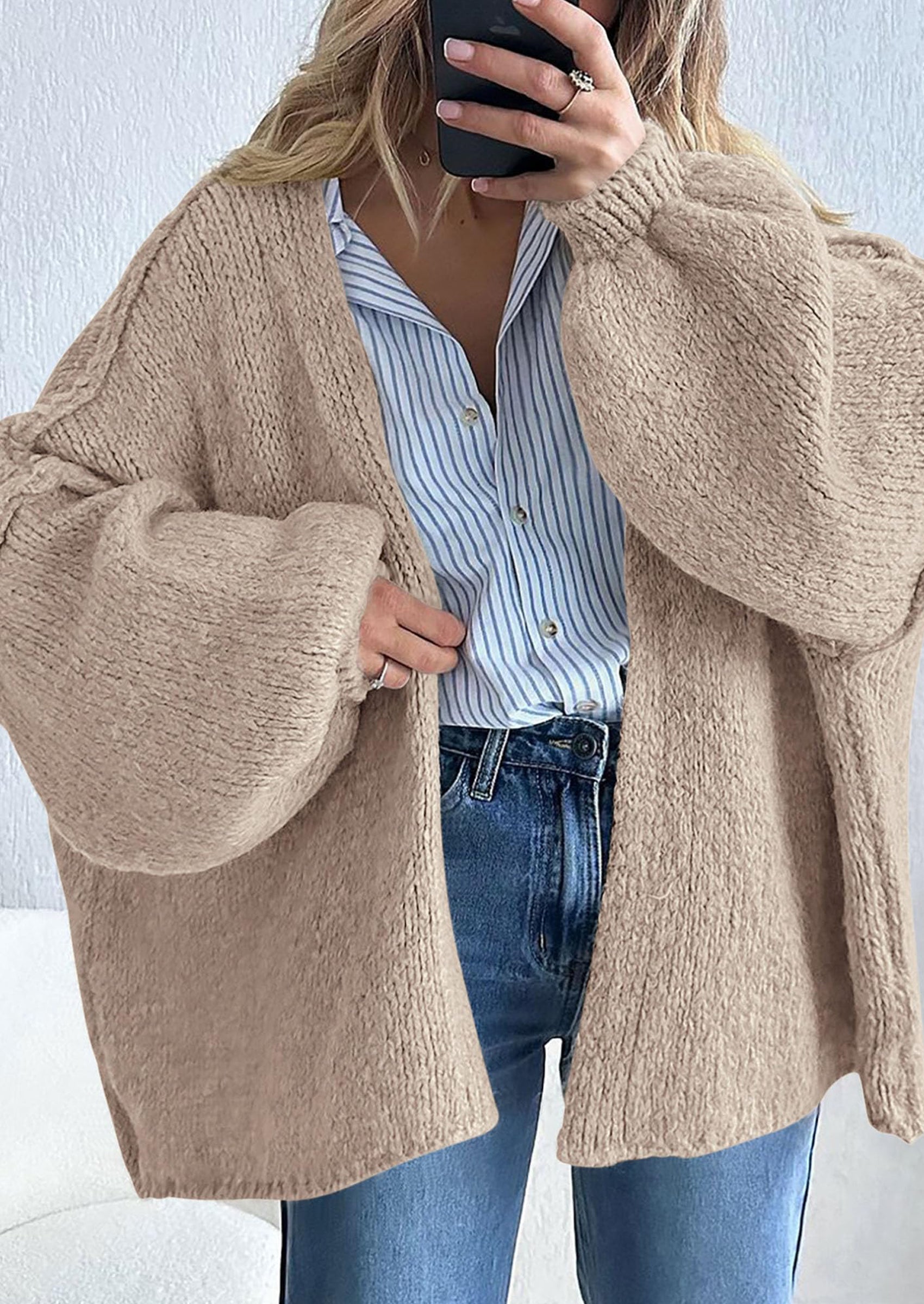 Women's Oversized Open-Front Knit Cardigan – Cozy Lantern Sleeve Sweater