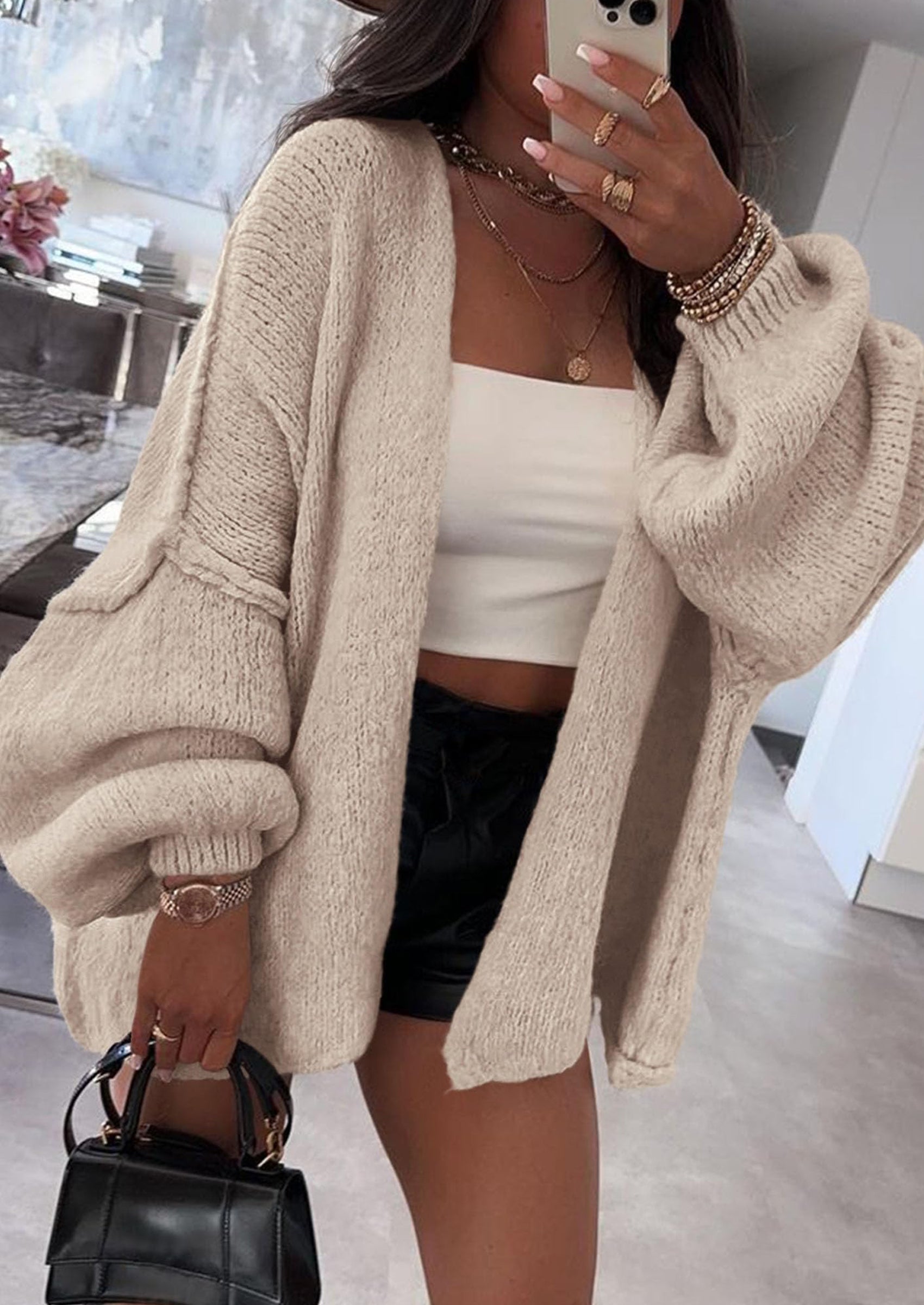 Women's Oversized Open-Front Knit Cardigan – Cozy Lantern Sleeve Sweater