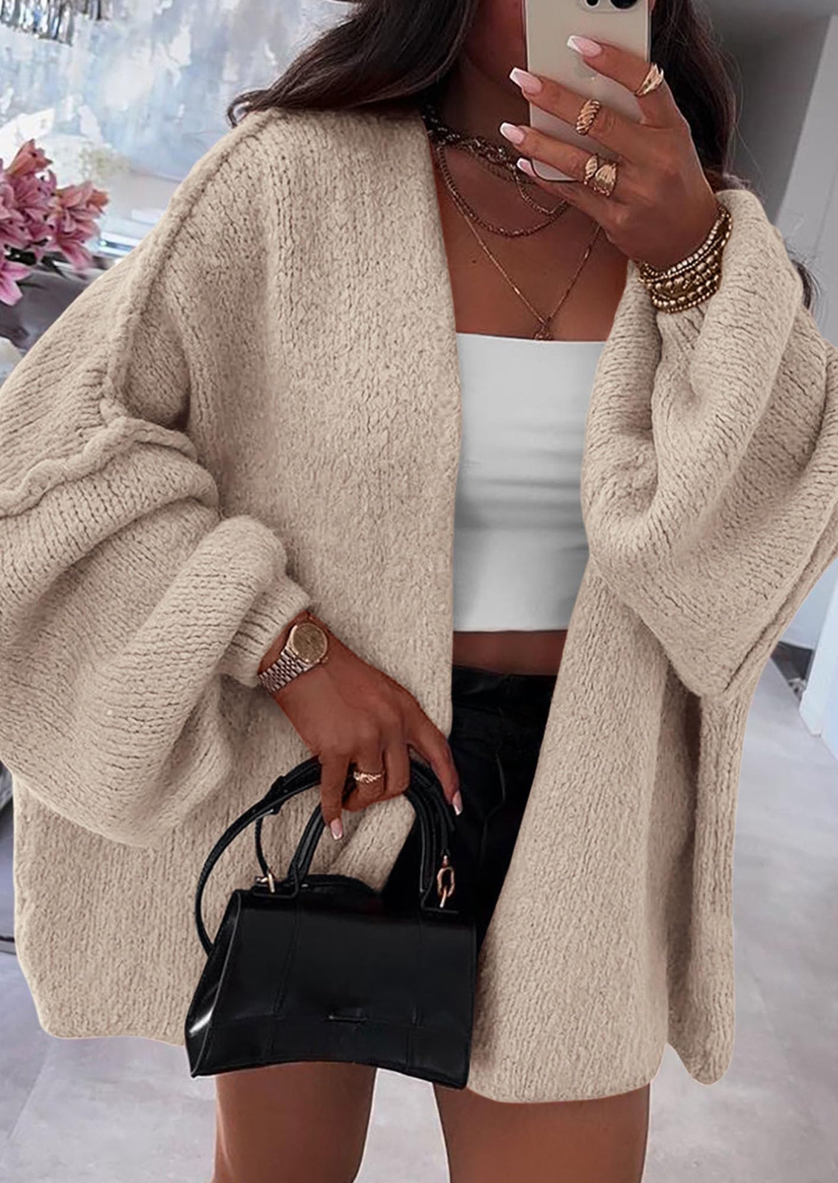 Women's Oversized Open-Front Knit Cardigan – Cozy Lantern Sleeve Sweater