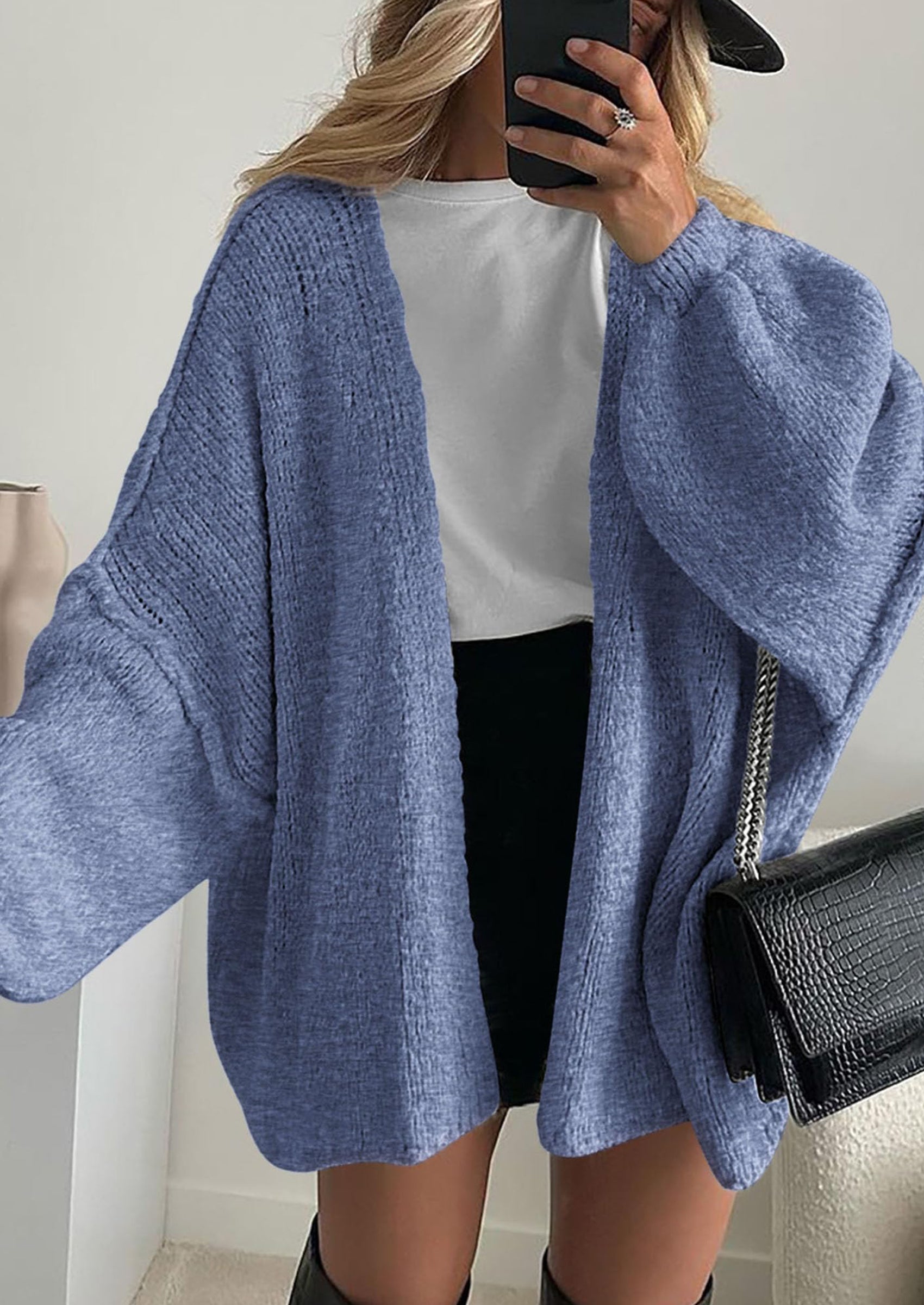 Women's Oversized Open-Front Knit Cardigan – Cozy Lantern Sleeve Sweater