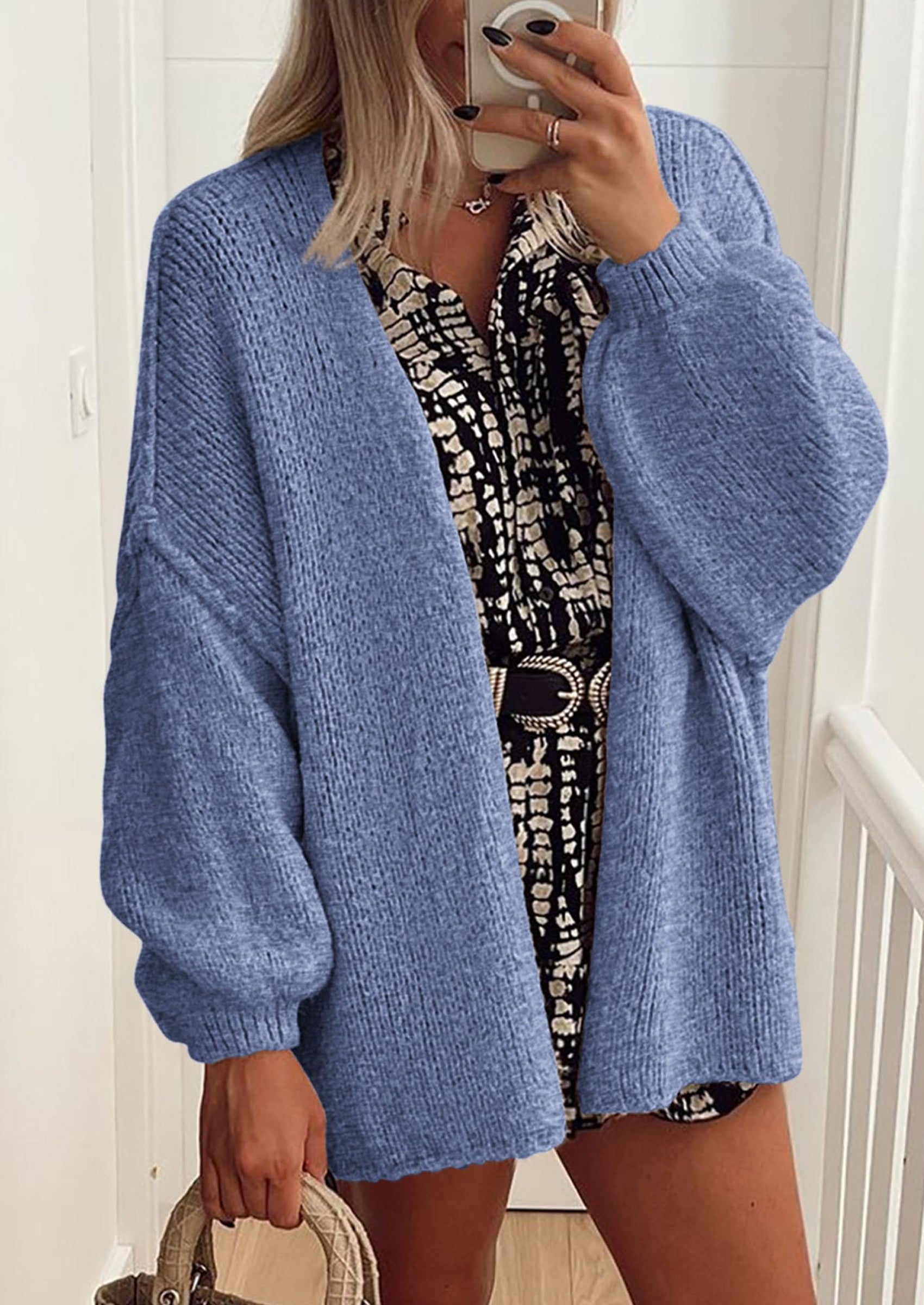 Women's Oversized Open-Front Knit Cardigan – Cozy Lantern Sleeve Sweater