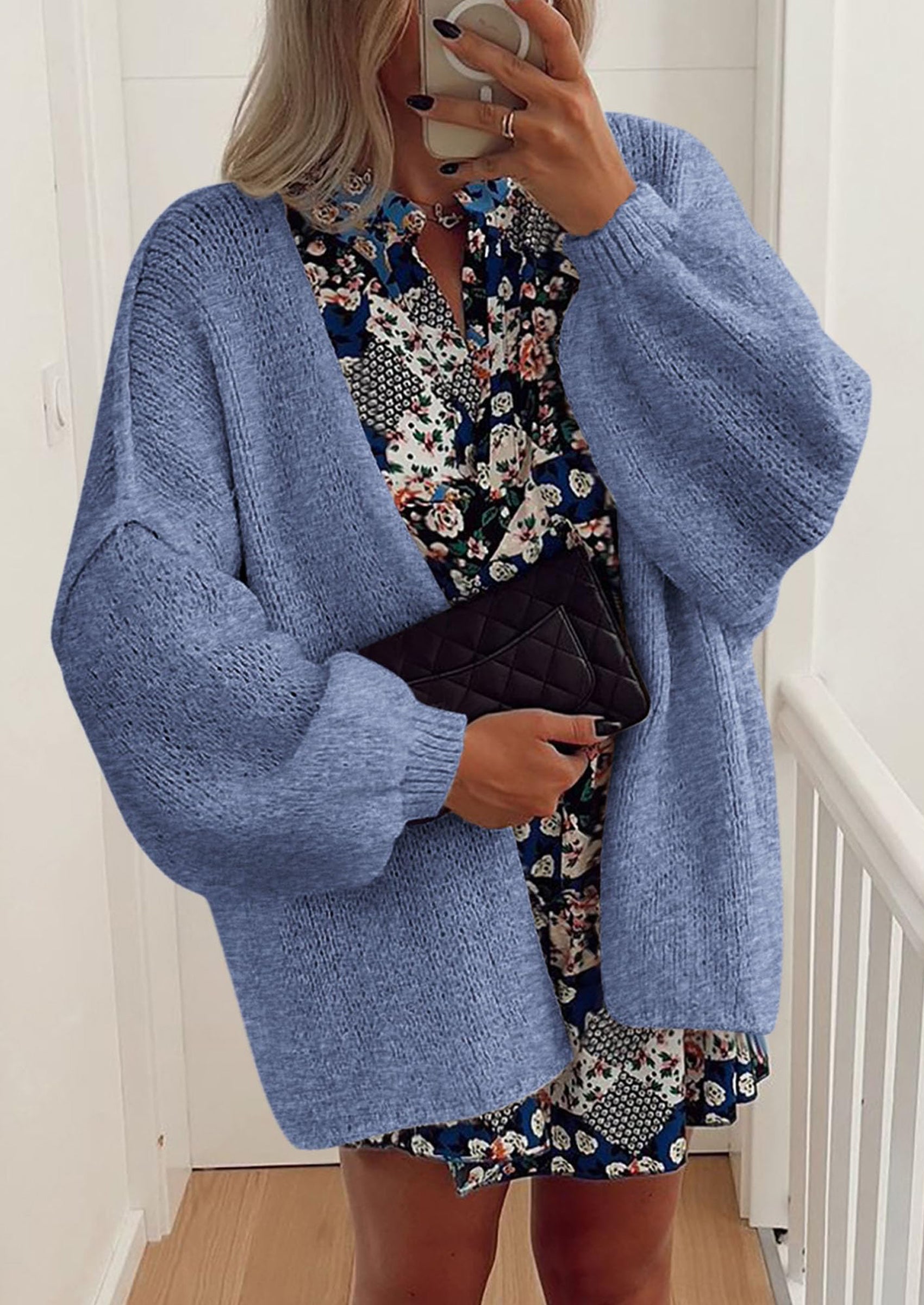 Women's Oversized Open-Front Knit Cardigan – Cozy Lantern Sleeve Sweater