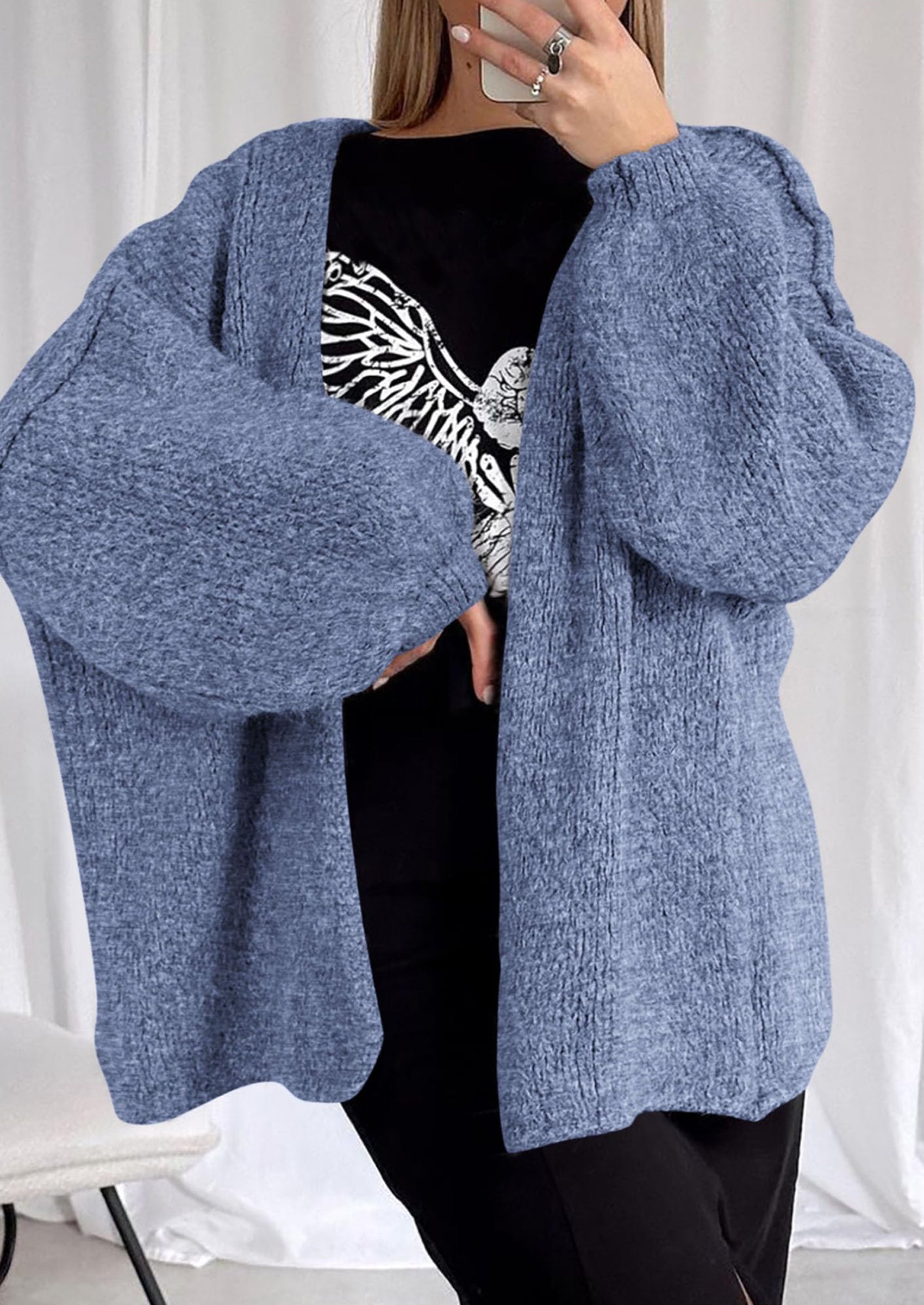 Women's Oversized Open-Front Knit Cardigan – Cozy Lantern Sleeve Sweater