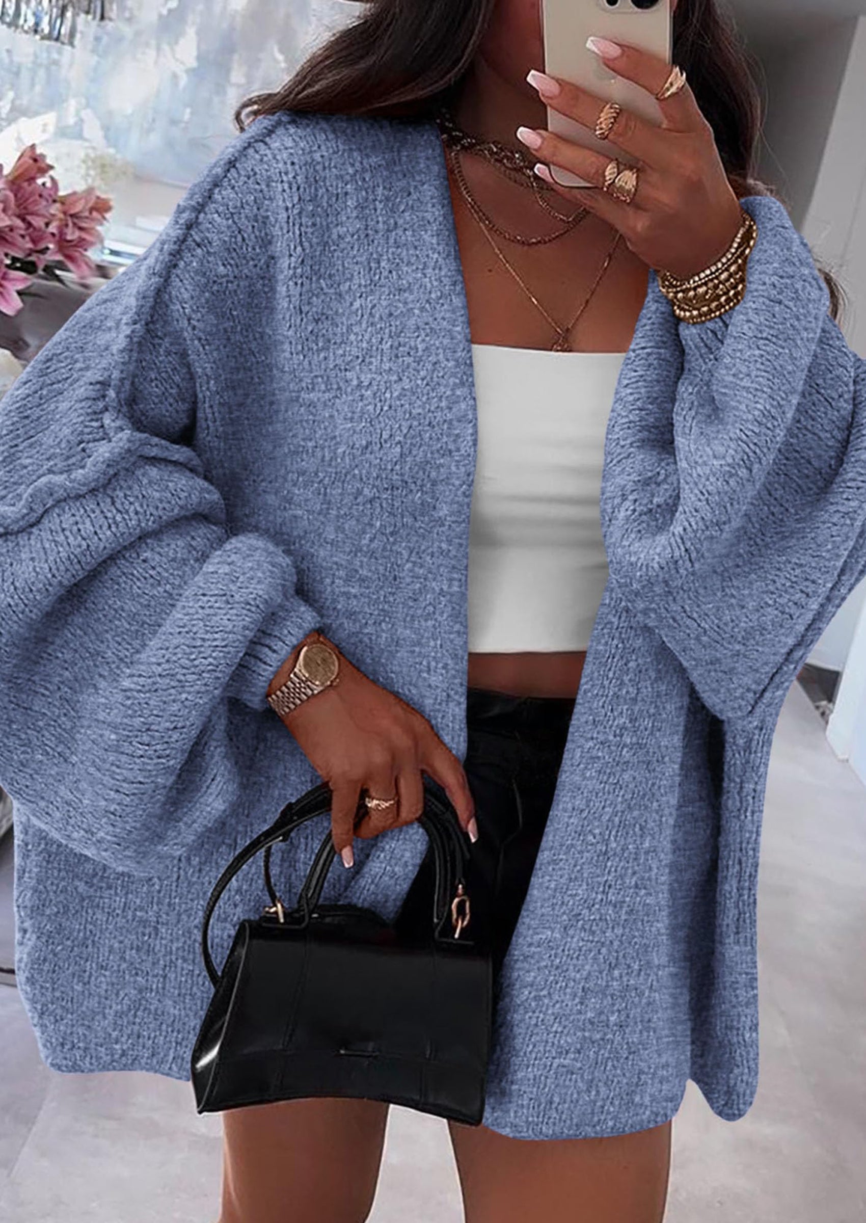 Women's Oversized Open-Front Knit Cardigan – Cozy Lantern Sleeve Sweater